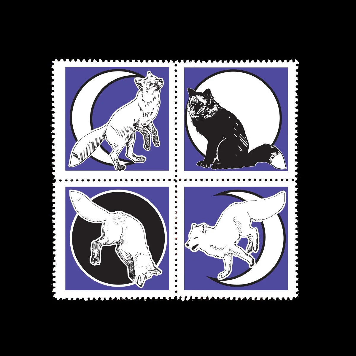 Name: Fox Fire Night

Date of Issue: October 22, 2025

Method: ink, digital

Medium: white paper; color laser printing

Dimensions: 3" X 3"; block of 4 | single 1.5" X 1.5" | Perf 11&frac12;

#SelvageArchive
#Artistamp
#FauxPostag