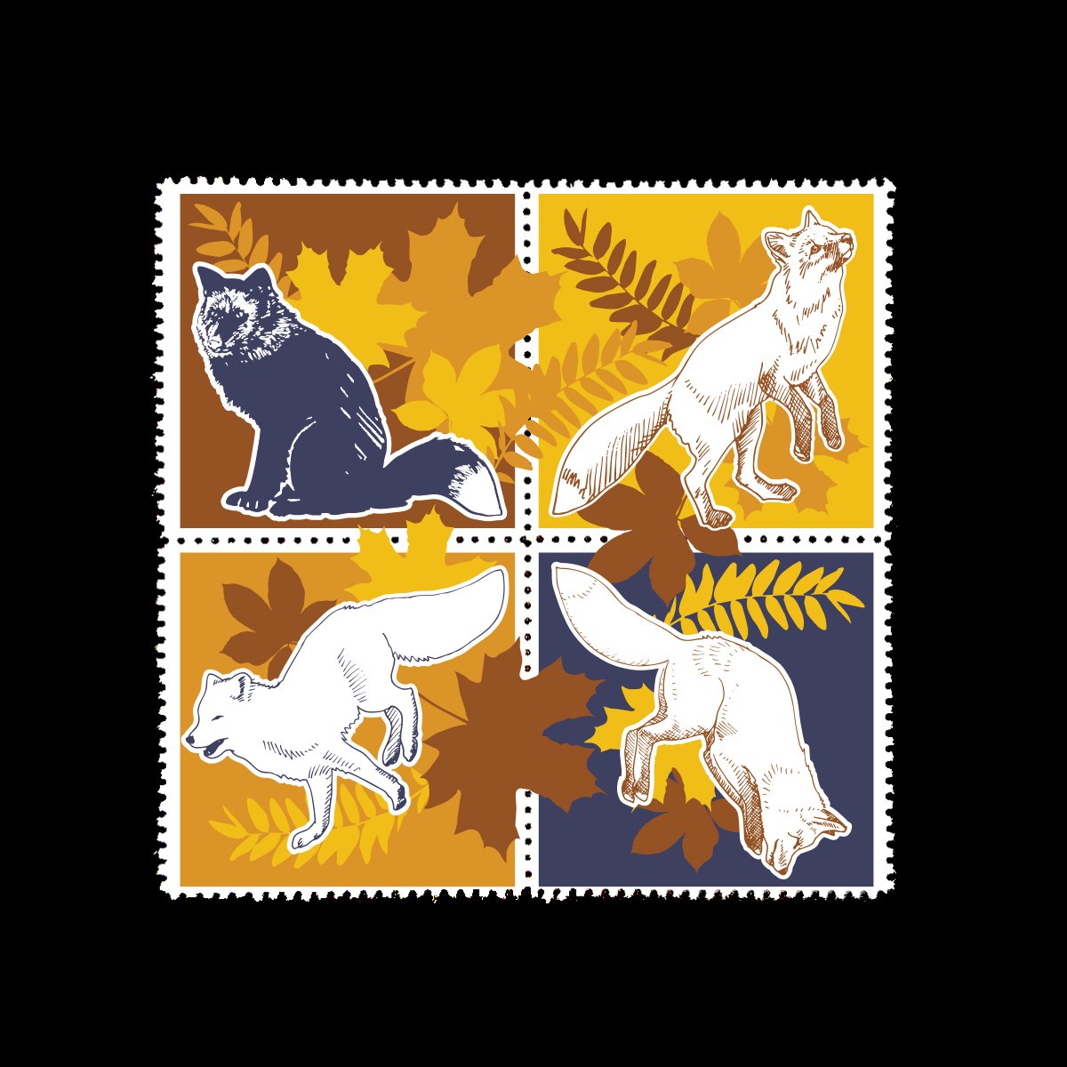 Name: Fox Fall

Date of Issue: October 20, 2025

Method: ink, digital

Medium: white paper; color laser printing

Dimensions: 3" X 3"; block of 4 | single 1.5" X 1.5" | Perf 11&frac12;

#SelvageArchive
#Artistamp
#FauxPostage
#Fau