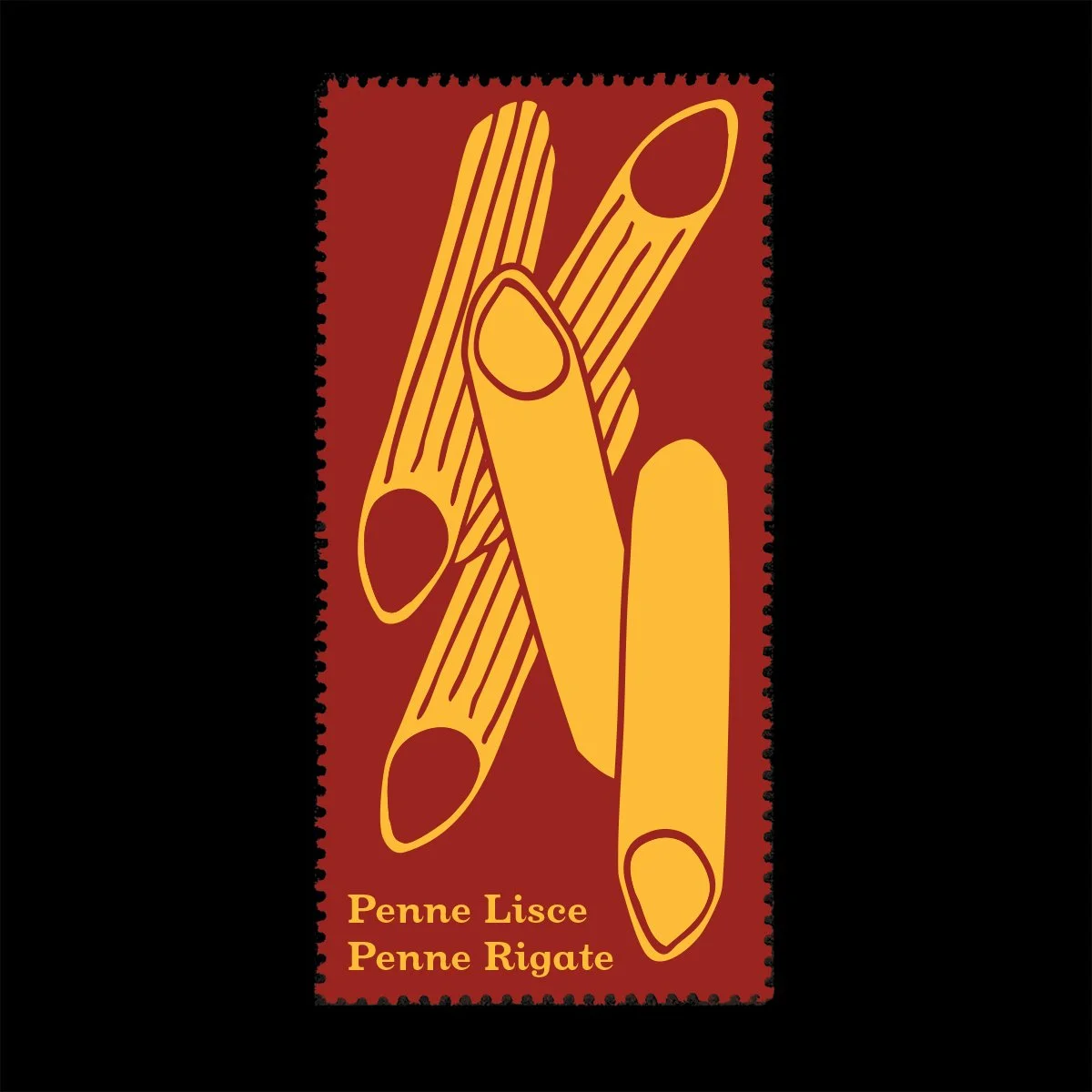 Name: A Ravioli is a Stamp Made of Pasta

Date of Issue: November 22, 2025

Method: ink, digital

Medium: gold paper; color laser printing

Dimensions: 3" X 1.5" | Perf 11&frac12;

#SelvageArchive
#Artistamp
#FauxPostage
#Fauxstage
#Cindere
