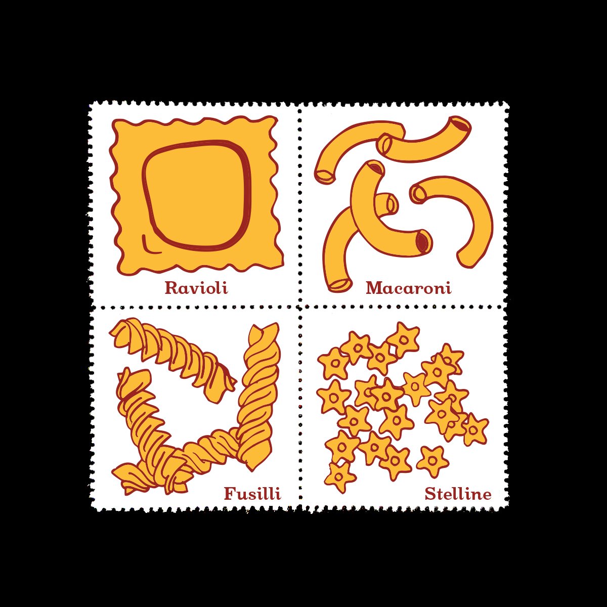 Name: A Ravioli is a Stamp Made of Pasta

Date of Issue: November 22, 2025

Method: ink, digital

Medium: white paper; color laser printing

Dimensions: 3" X 3"; block of 4 | single 1.5" X 1.5" | Perf 11&frac12;

#SelvageArchive
#