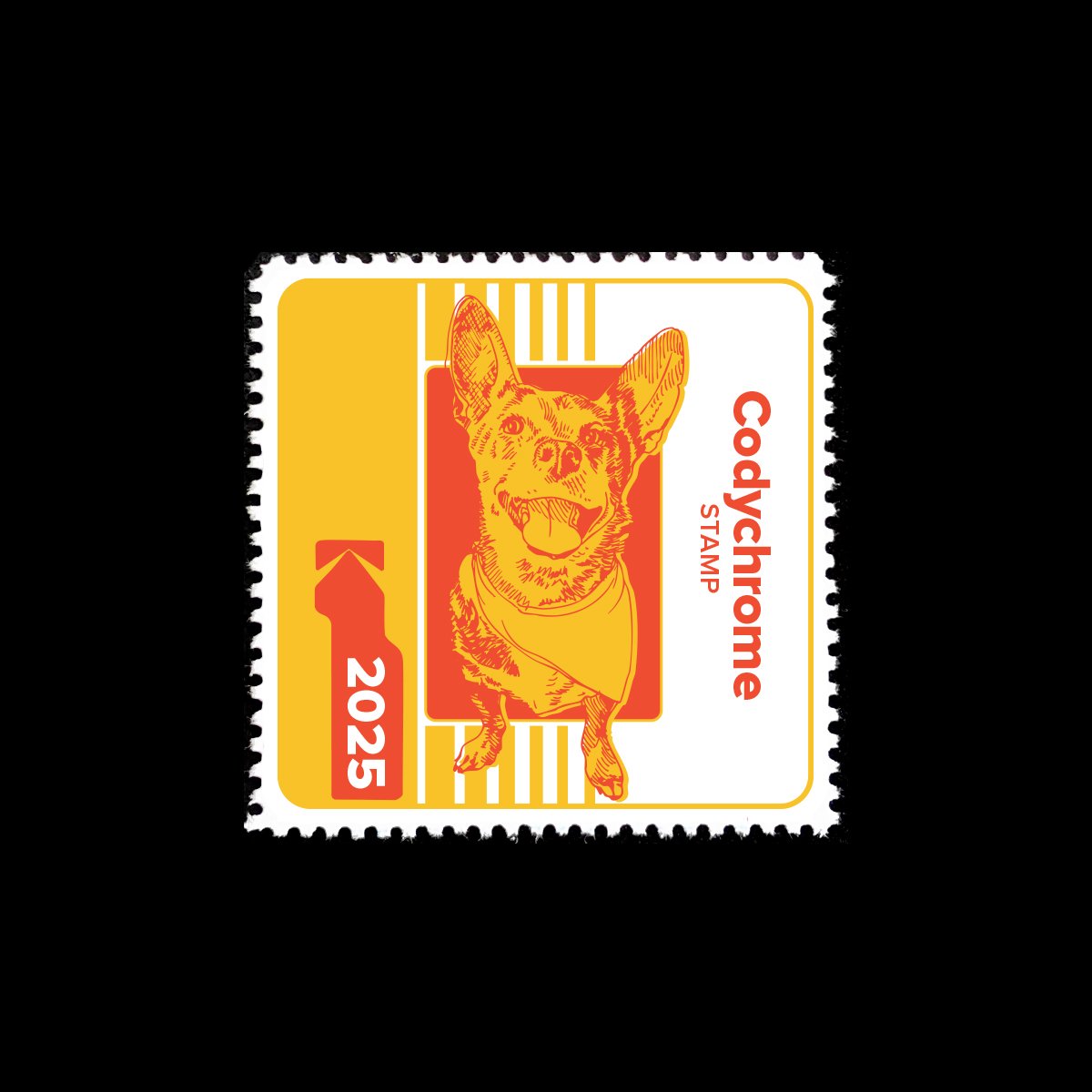 Name: Codychrome

Date of Issue: November 21, 2025

Method: ink, digital

Medium: white paper; color laser printing

Dimensions: 1.5" X 1.5" | Perf 11&frac12;

#SelvageArchive
#Artistamp
#FauxPostage
#Fauxstage
#CinderellaStamp
#CustomDogAr