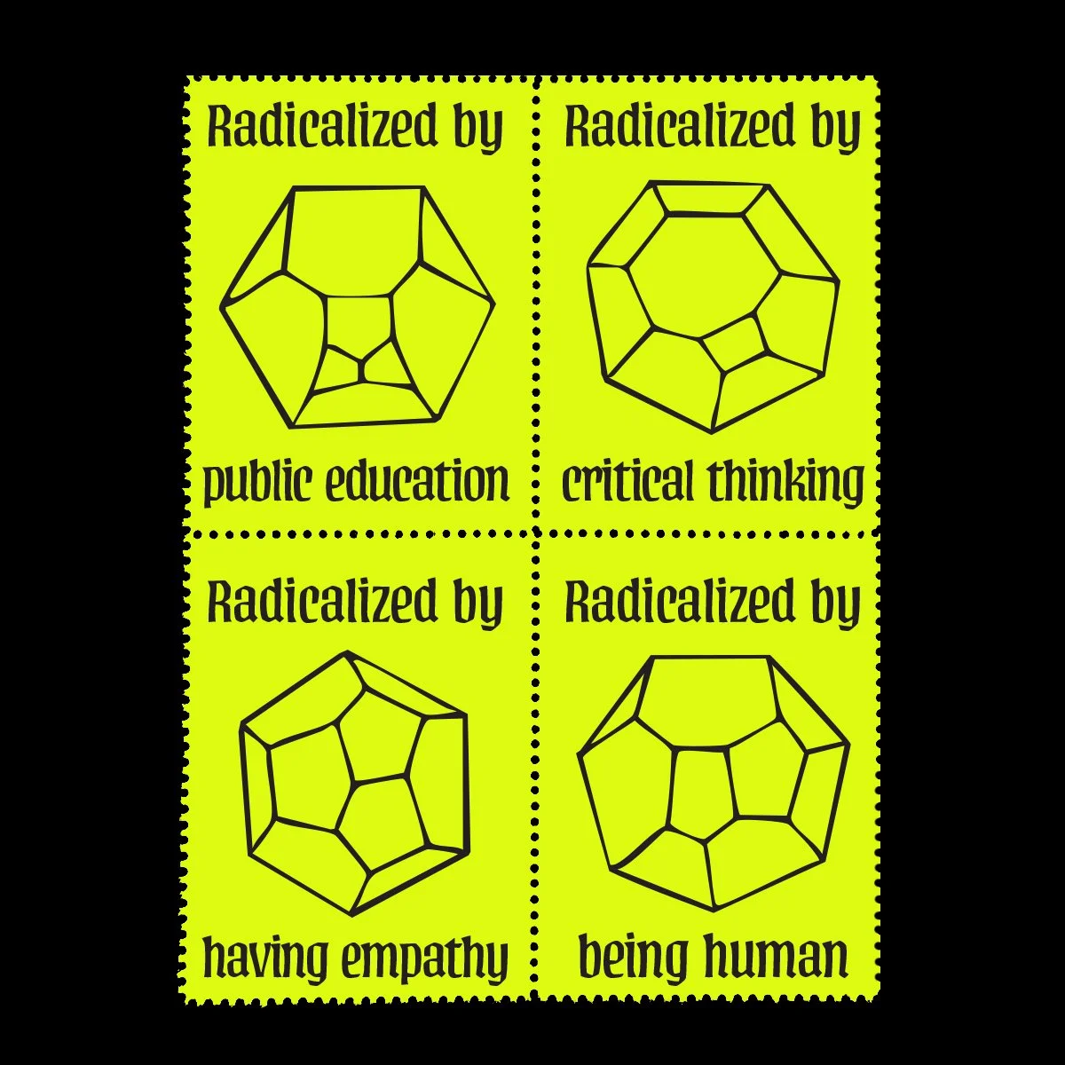 Name: What Radicalized You

Date of Issue: December 31, 2025

Method: digital

Medium: fluorescent yellow paper; color laser printing

Dimensions: 4" X 3"; block of 4 | single 2" X 1.5" | Perf 11&frac12;

#SelvageArchive
#Artistam
