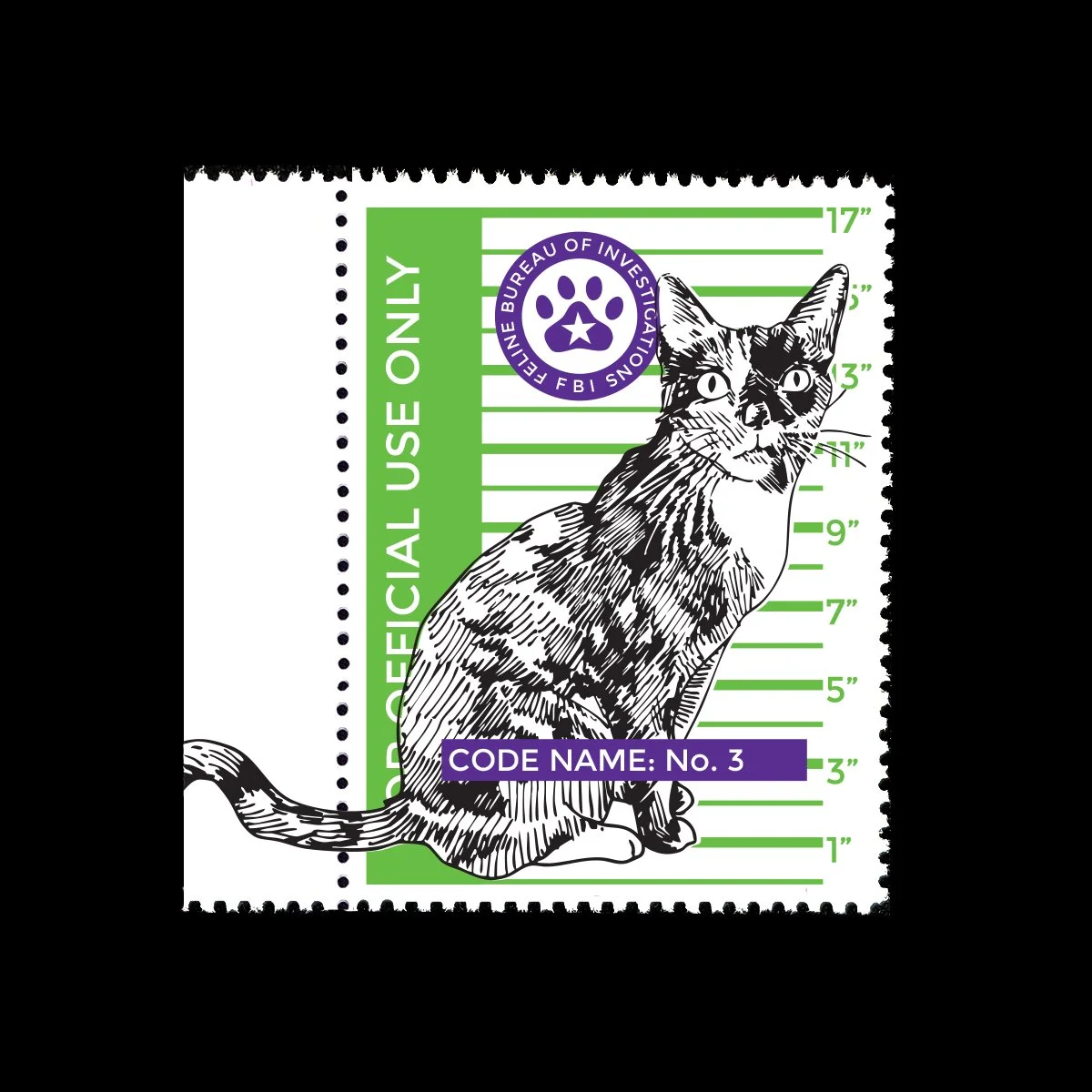 Name: Feline Bureau of Investigations

Date of Issue: December 2025

Method: ink; digital

Medium: white paper; color laser printing

Dimensions: 2" X 1.5"; 0.5" selvage

#SelvageArchive
#Artistamp
#FauxPostage
#Fauxstage
#CinderellaSt