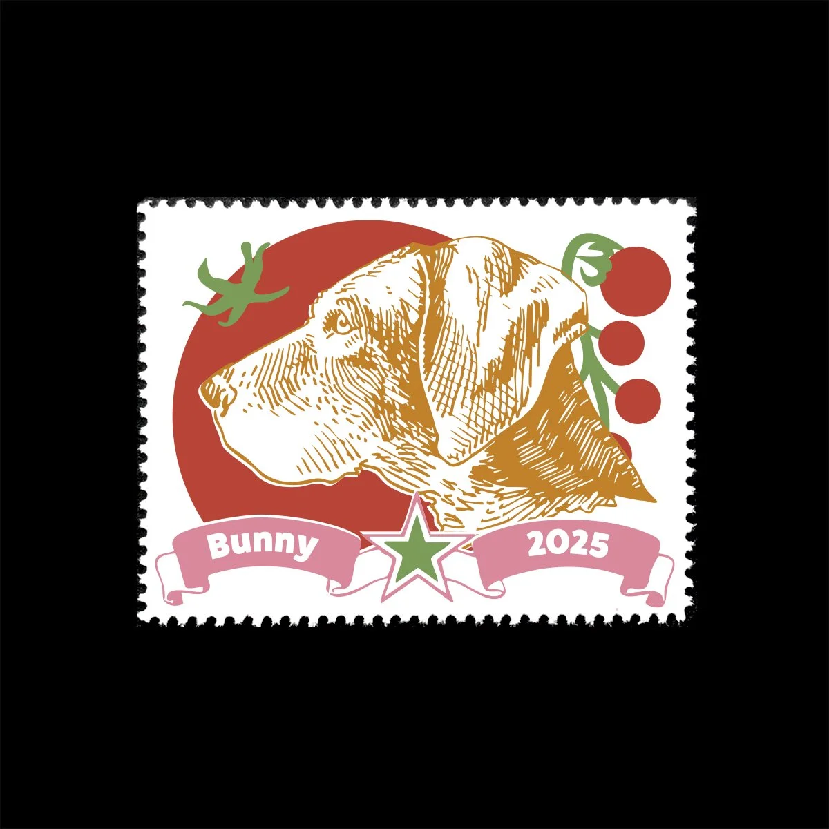 Name: Bunny's Best

Date of Issue: December 2025

Method: ink; digital

Medium: white paper; color laser printing

Dimensions: 1.5" X 2" | Perf 11&frac12;

#SelvageArchive
#Artistamp
#FauxPostage
#Fauxstage
#CinderellaStamp

Image descripti