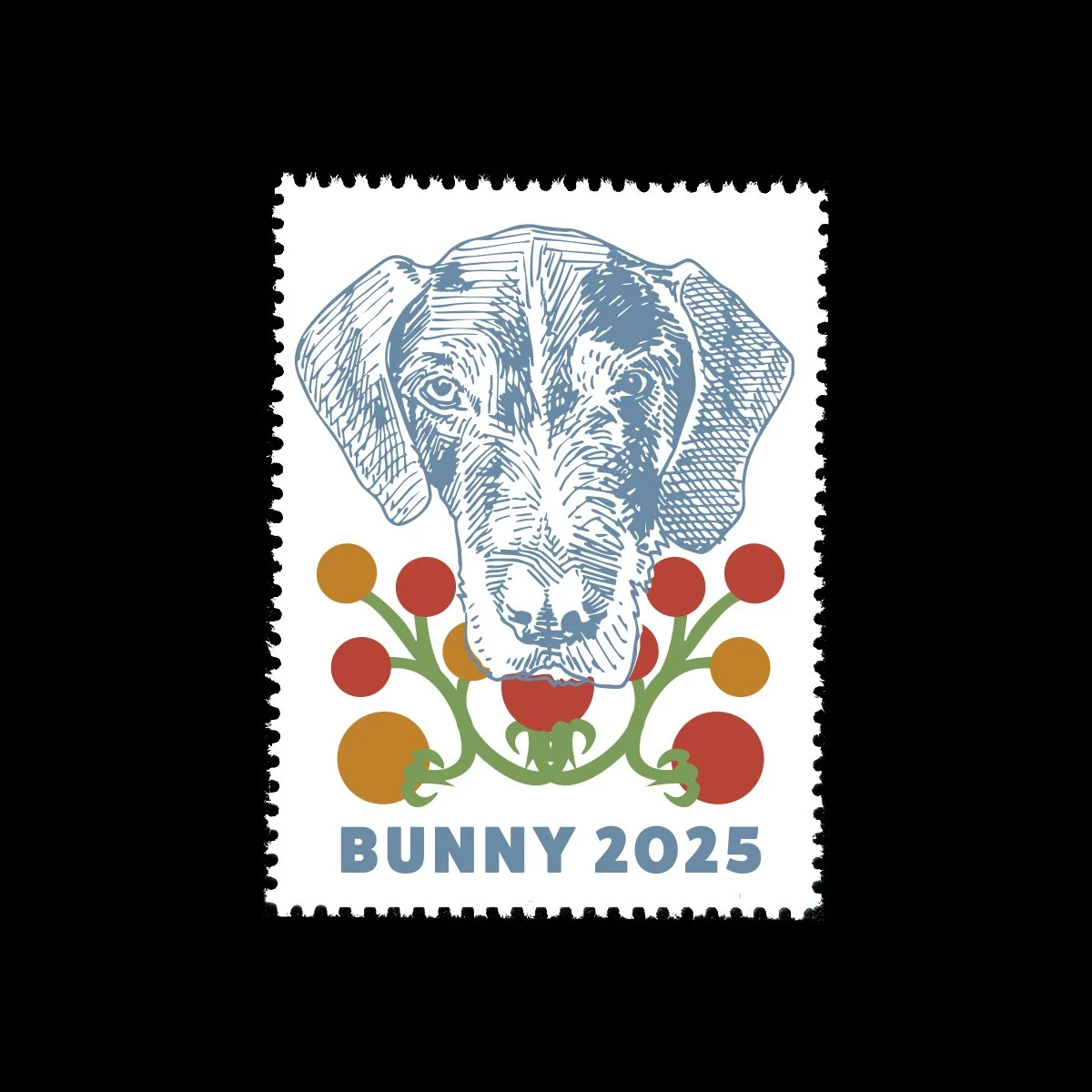 Name: Bunny's Best

Date of Issue: December 2025

Method: ink; digital

Medium: white paper; color laser printing

Dimensions: 2" X 1.5" | Perf 11&frac12;

#SelvageArchive
#Artistamp
#FauxPostage
#Fauxstage
#CinderellaStamp

Image descripti