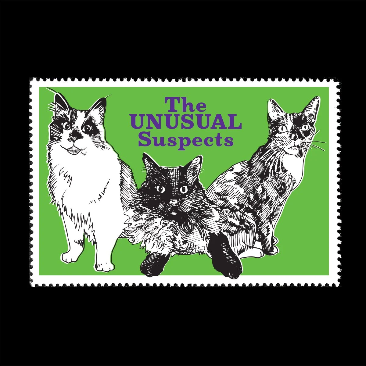 Name: Feline Bureau of Investigations

Date of Issue: December 2025

Method: ink; digital

Medium: white paper; color laser printing

Dimensions: 1.5" X 3" | Perf 11&frac12;

#SelvageArchive
#Artistamp
#FauxPostage
#Fauxstage
#CinderellaSta