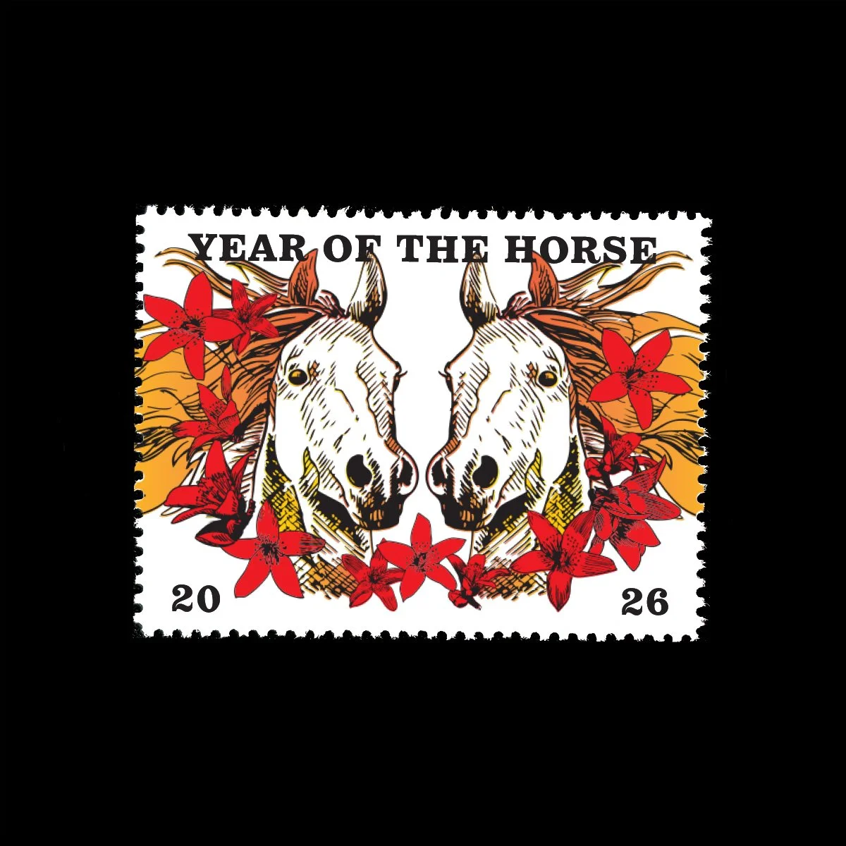 Name: Lunar New Year 2026: Year of the Snake

Date of Issue: January 22, 2026

Method: ink, digital

Medium: white paper, laser printing

Dimensions: 1.5" X 2" | Perf 11&frac12;

#SelvageArchive
#Artistamp
#YearOfTheHorse
#LunarNewYear
#Yea