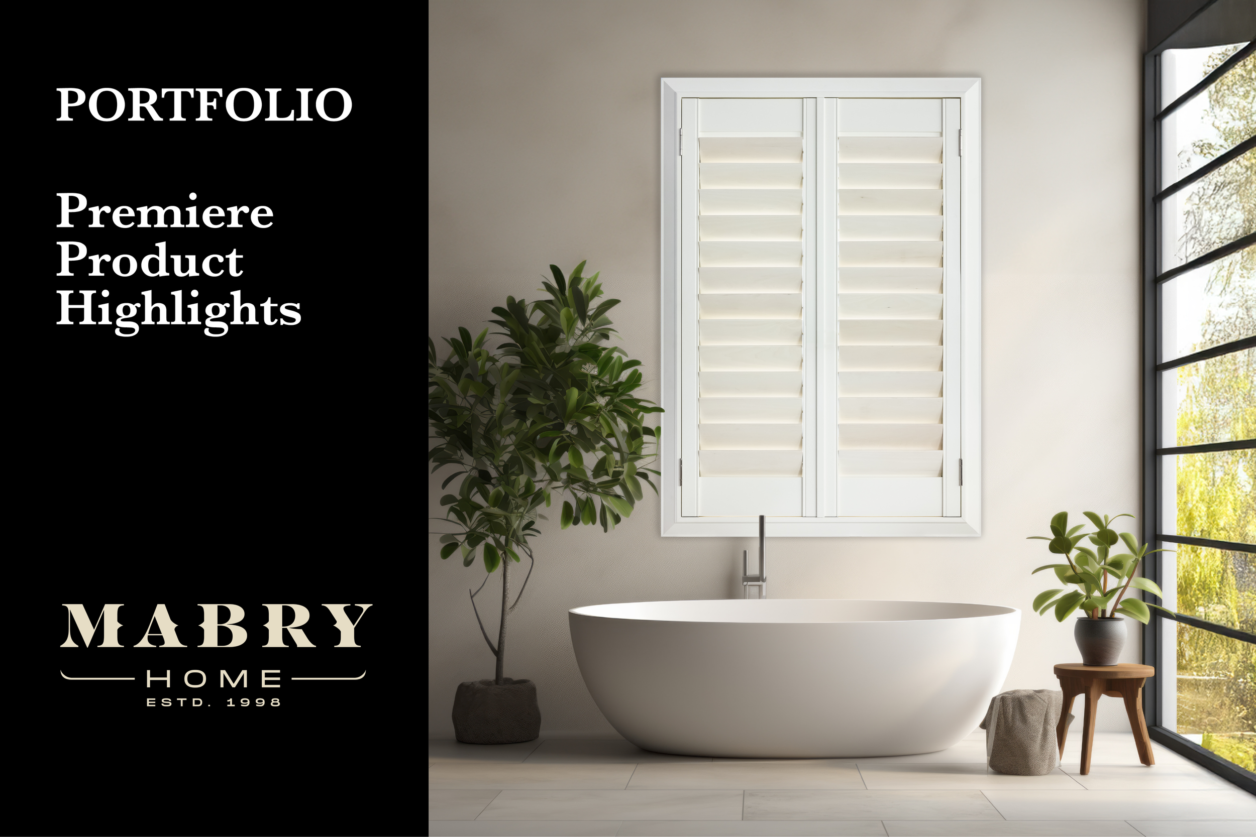 Cover of Premiere Portfolio document featuring a beautiful shutter over a bathtub.