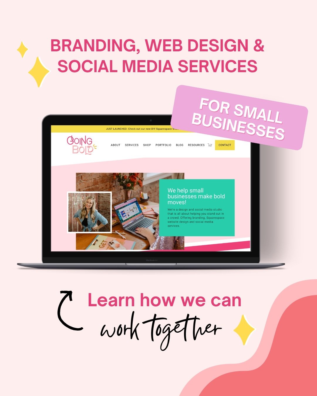 So what exactly do we do at Going Bold Studio? Here&rsquo;s the 411!

We help bring the ideas of small businesses to life through branding, Squarespace website design, and social media marketing. 

Whether it&rsquo;s building a brand from the ground 