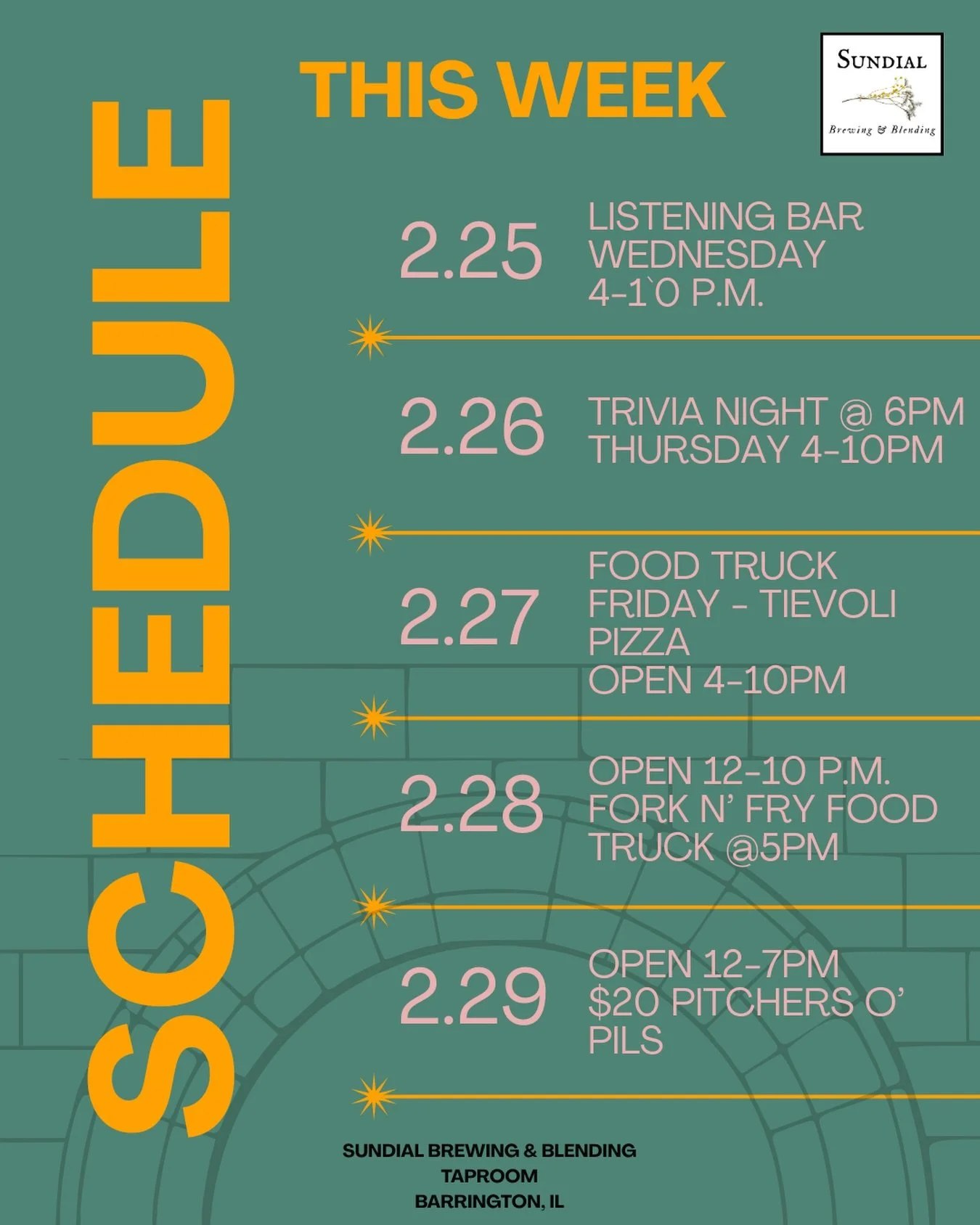 THIS WEEK: 

Listening Bar Wednesday &bull; Trivia Thursday &bull; Tivoli Pizza Friday &bull; Fork N&rsquo; Fry Saturday &bull; $20 Pils pitchers Sunday

Good beer. Good food. Good people.
See you in the taproom.
Cheers! 🍻