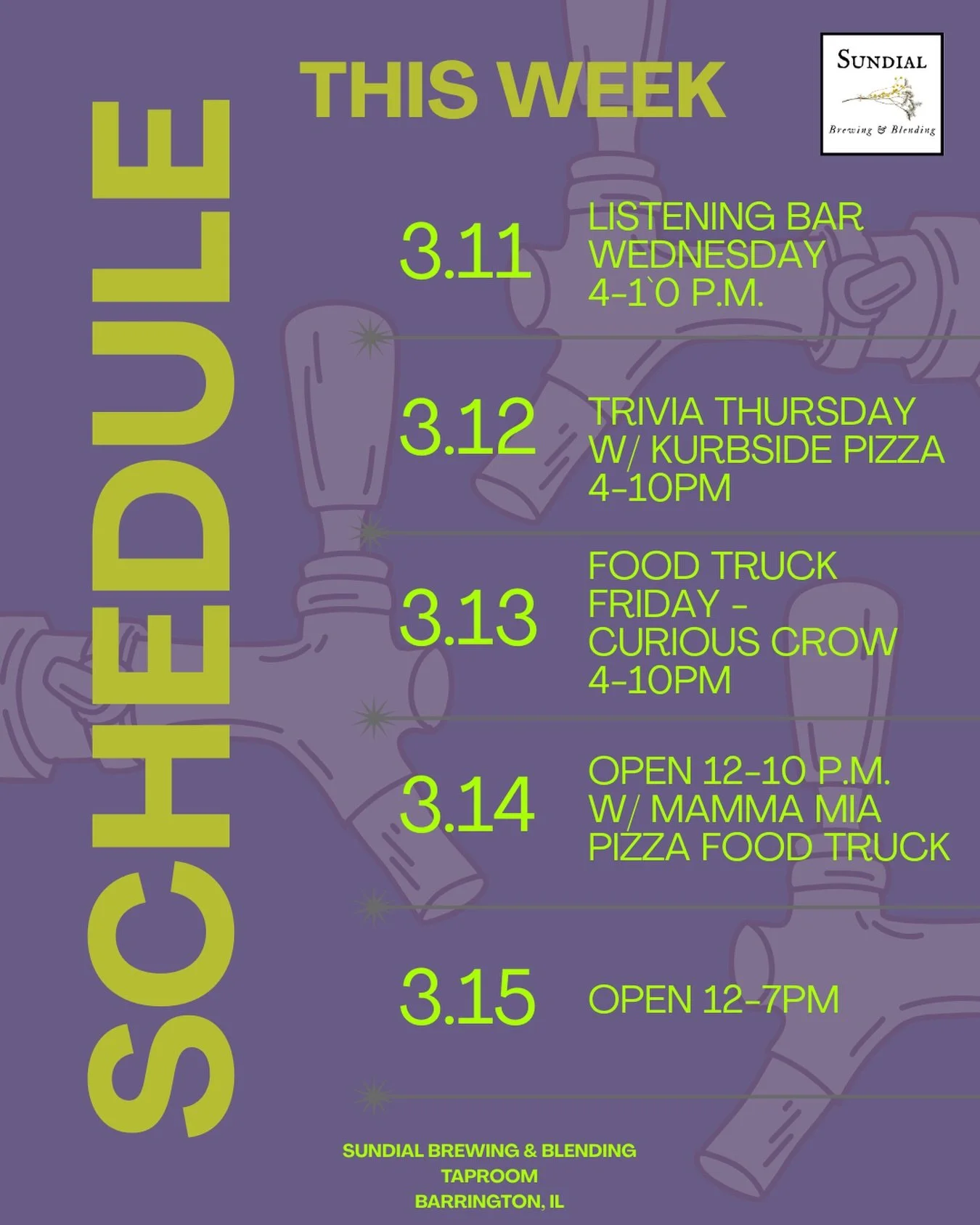 Another week at the taproom 

&bull; Wed 3/11 &mdash; Listening Bar (4&ndash;10 PM)
&bull; Thu 3/12 &mdash; Trivia Night w/ Kurbside Pizza (4&ndash;10 PM)
&bull; Fri 3/13 &mdash; Curious Crow Food Truck (4&ndash;10 PM)
&bull; Sat 3/14 &mdash; Mamma M