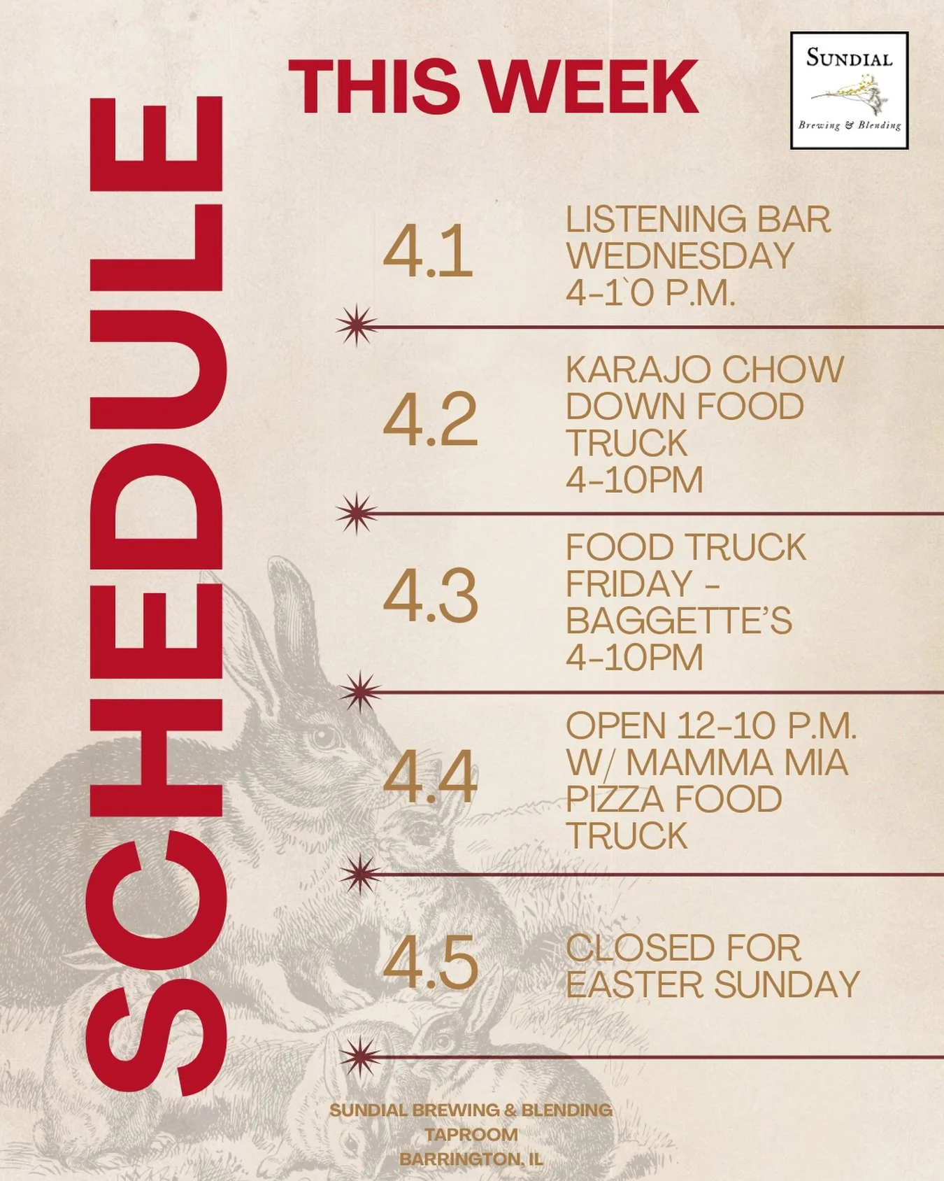 Food trucks all week long! 

We&rsquo;ll be closed on Sunday. 

See you soon! 🍻