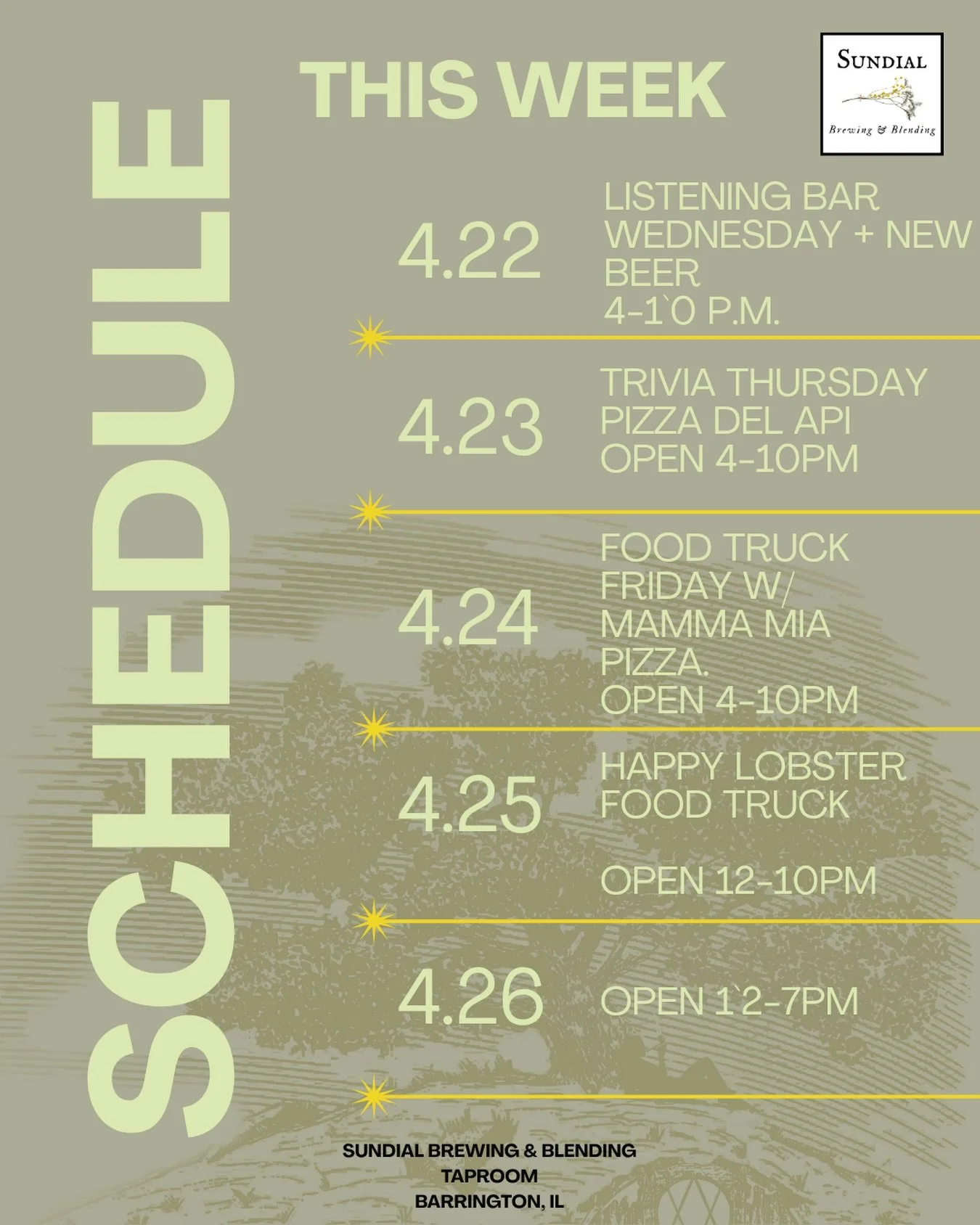 This week - 
New beer, trivia Thursday, and a full lineup of food trucks to carry you into the weekend.

Come hang!