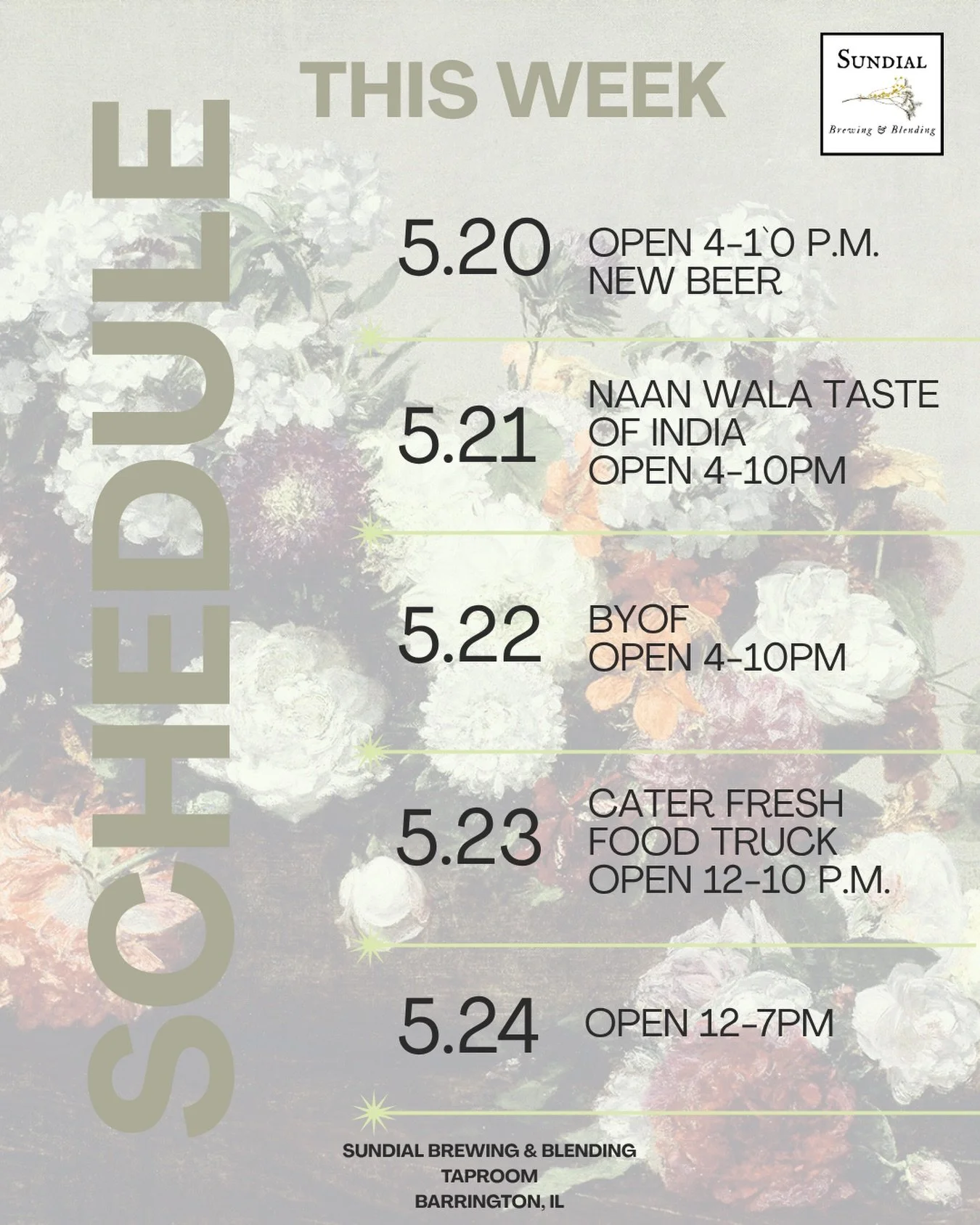 *Updated weekly Schedule

Come enjoy the great weather on our patio and stock up for the long weekend!
