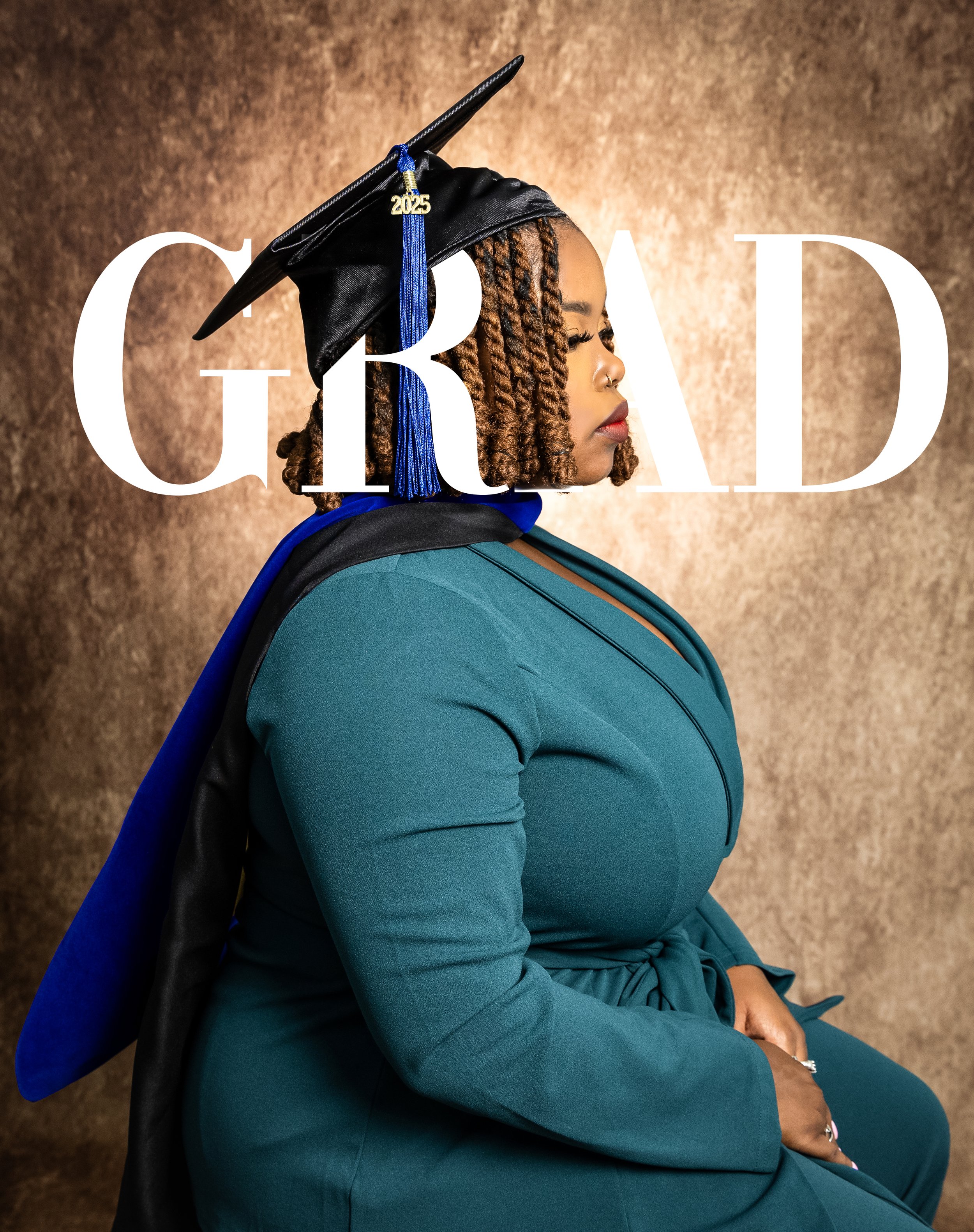 A woman in a teal graduation gown and cap with a blue tassel, sitting in profile against a textured golden background, with the word 'GRAD' overlaid.