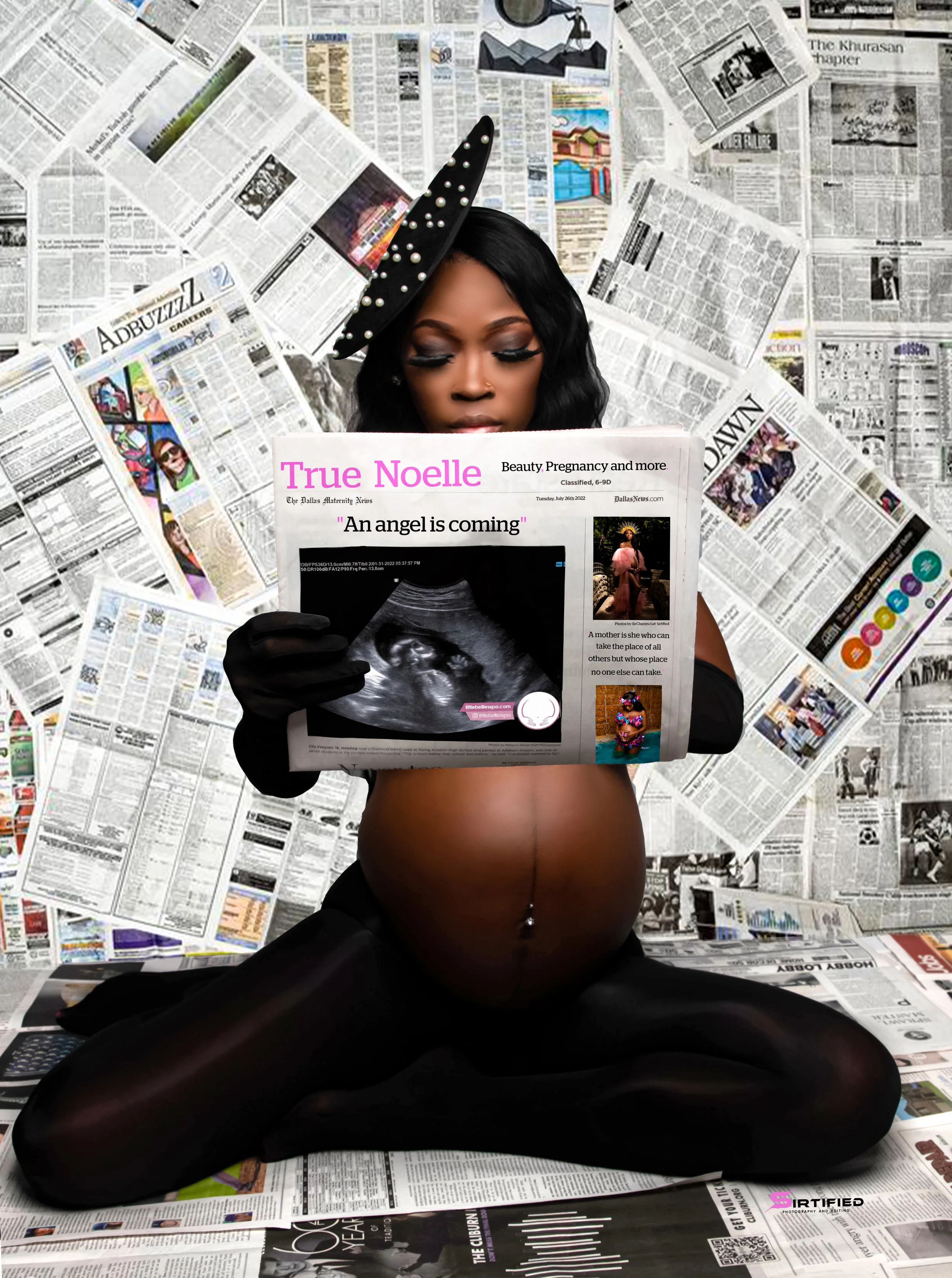 A woman with long black hair, dressed in black stockings, gloves, and a black hat with pearls, is kneeling on newspapers and reading a newspaper with a black-and-white ultrasound image of a fetus, set against a backdrop of scattered newspapers.