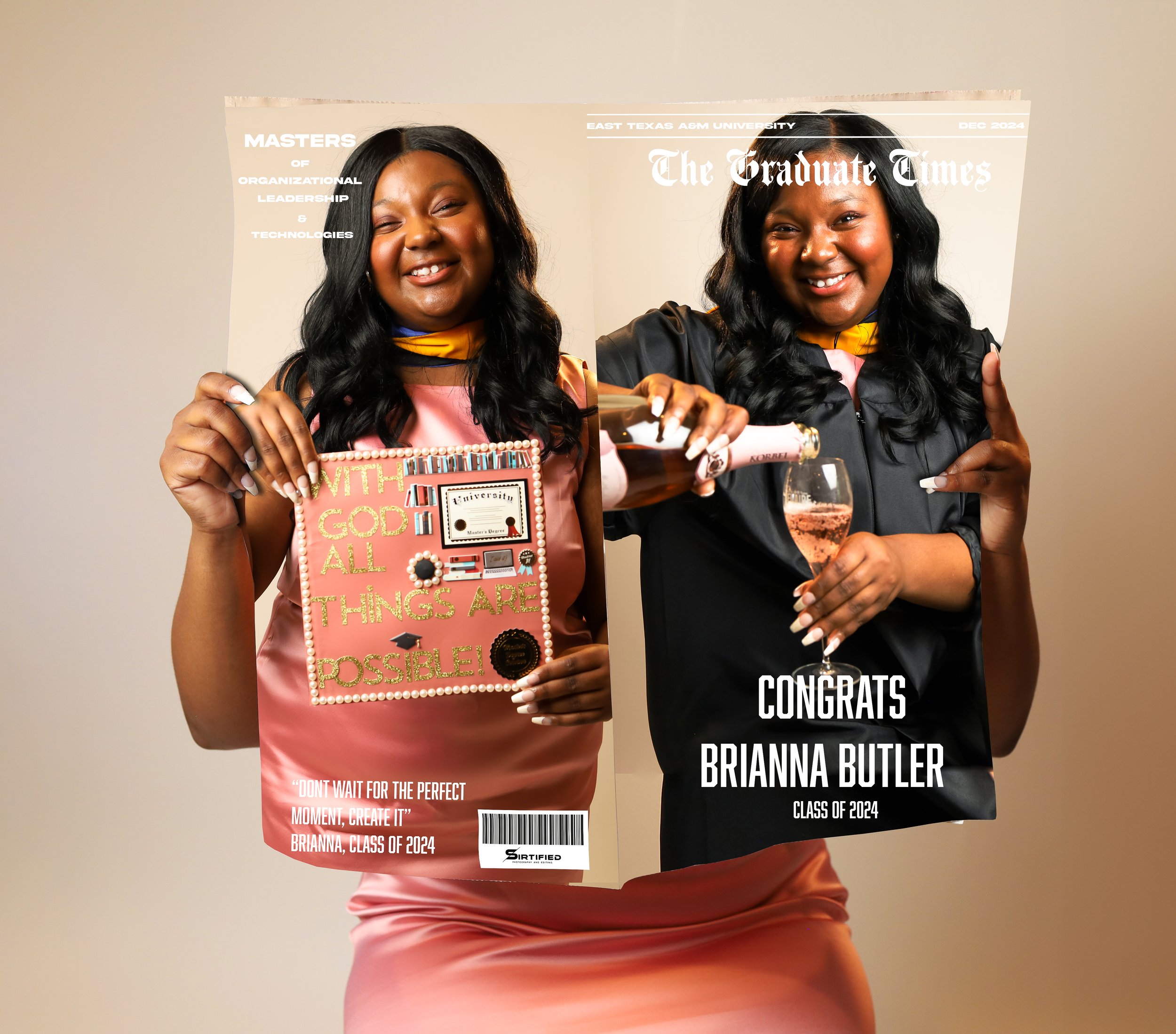 Two young women celebrating graduation, holding a mock newspaper with graduation headlines, one with a diploma and the other pouring rosé wine, smiling and wearing graduation gowns.
