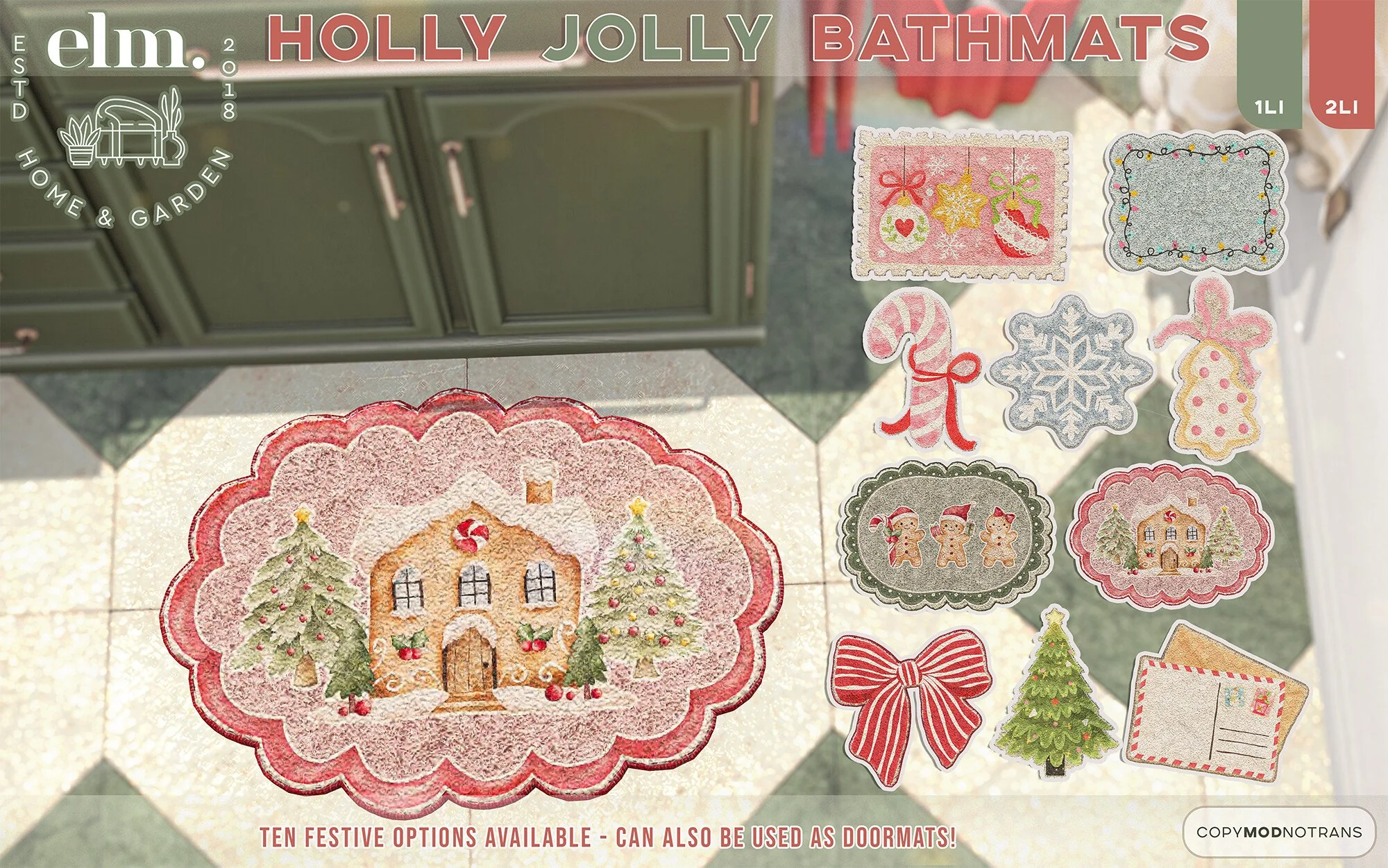 Elm. Holly Jolly Bathmats