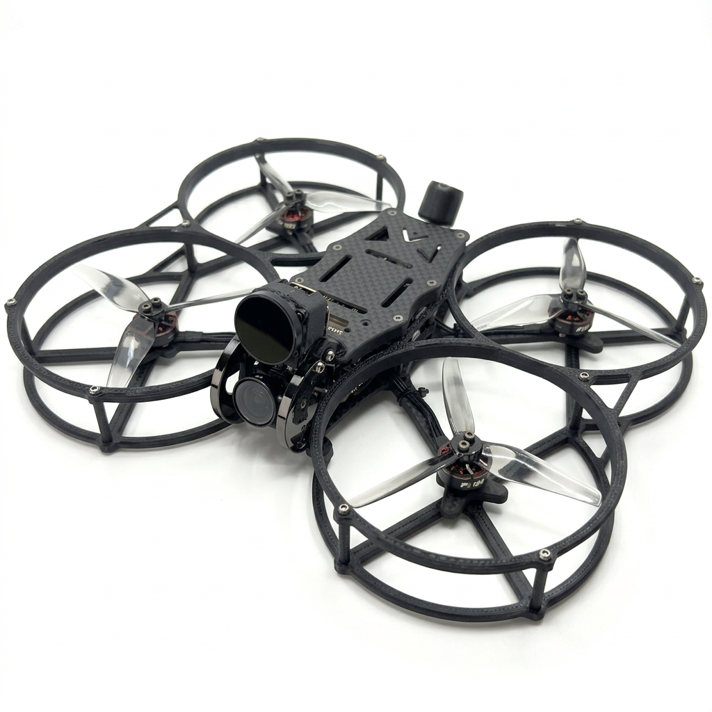 A black and gray drone with four propellers, a circular camera lens, and a carbon fiber body on a white surface.