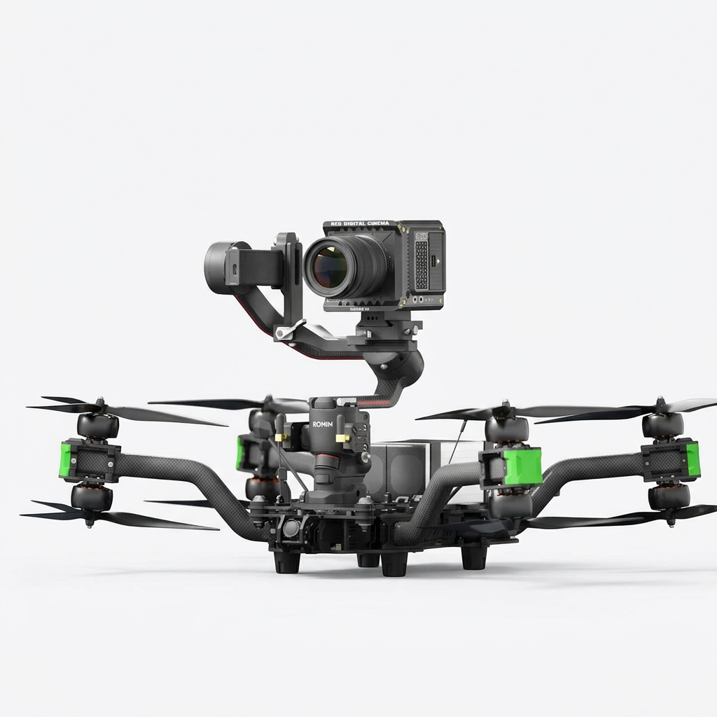 A professional drone with a mounted camera and stabilization gimbal, set against a plain white background.