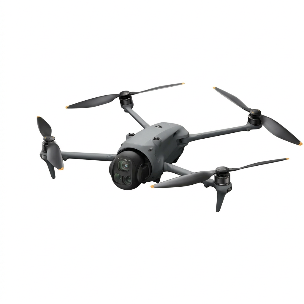 A gray drone with four propellers and a camera on the front, viewed from above.