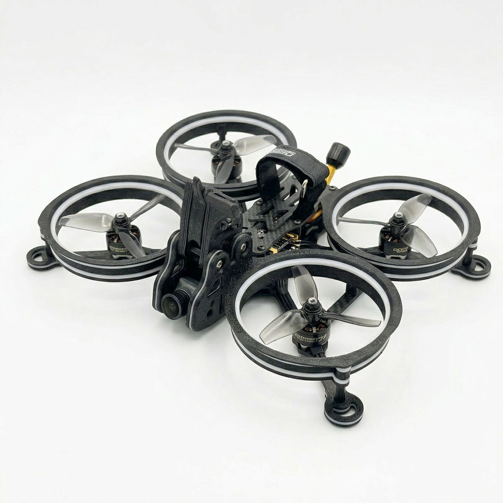 A black and white quadcopter drone with four propellers on a white background.