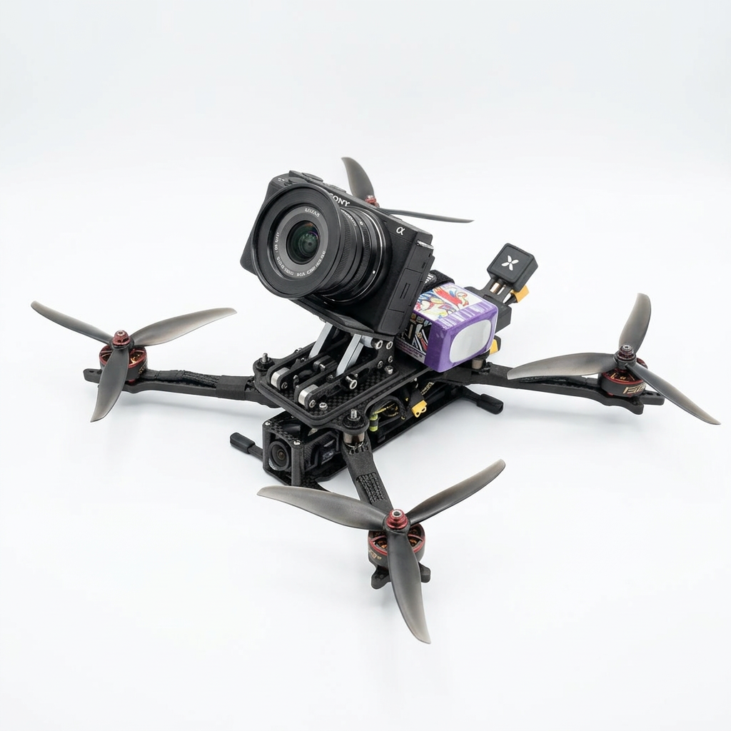 A drone equipped with a camera mounted on top, featuring four propellers and a compact frame.