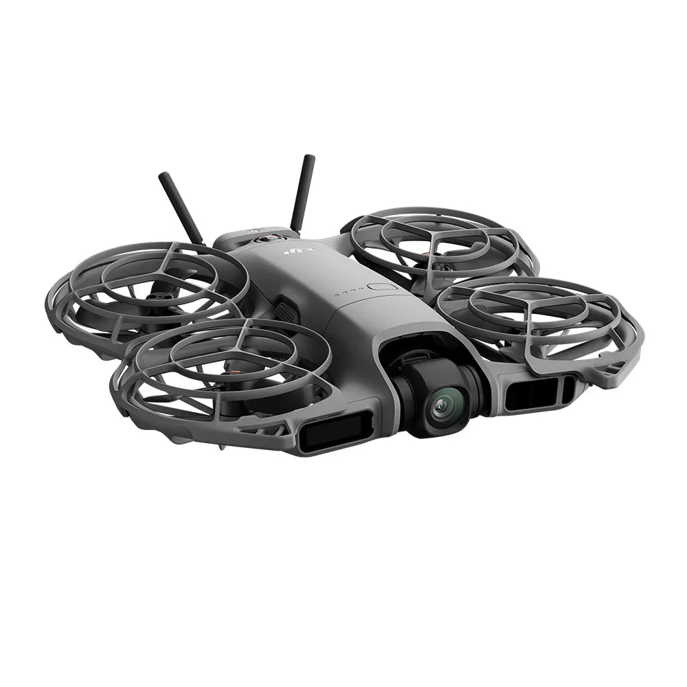 A drone with four propellers and protective cage guards.