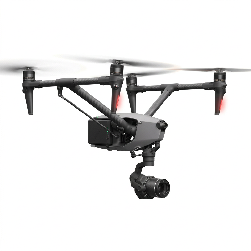 A professional quadcopter drone with four rotors, camera mounted underneath, and black carbon fiber arms, flying against a white background.