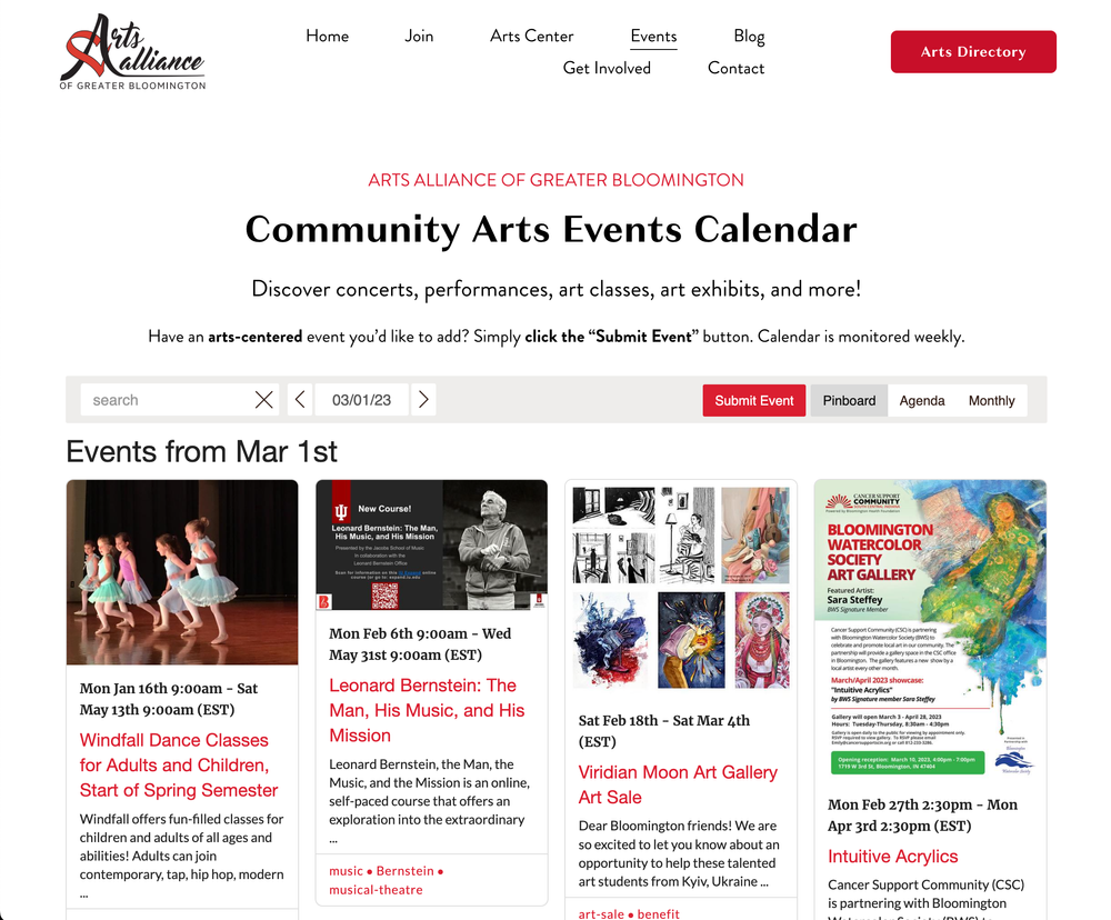 Bloomington Arts Calendar