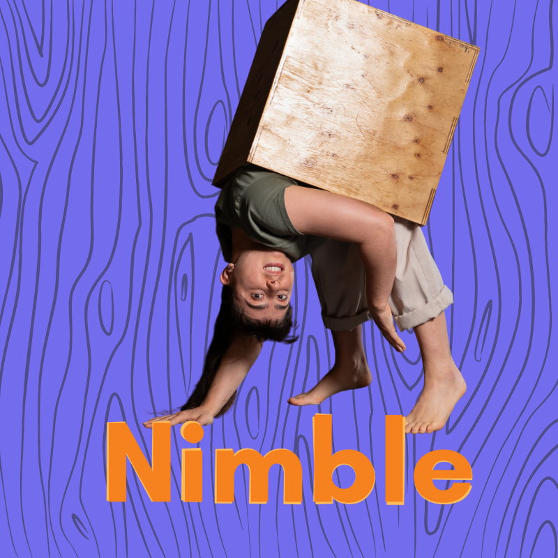 A person with a large wooden box on their head, upside down, with one hand on the ground and the other hand supporting their chin, on a purple background with a wood grain pattern and the word "Nimble" in orange letters.