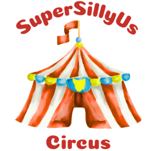 SuperSilly Us' Logo: a circus tent with red and white stripes, decorated with colourful flags