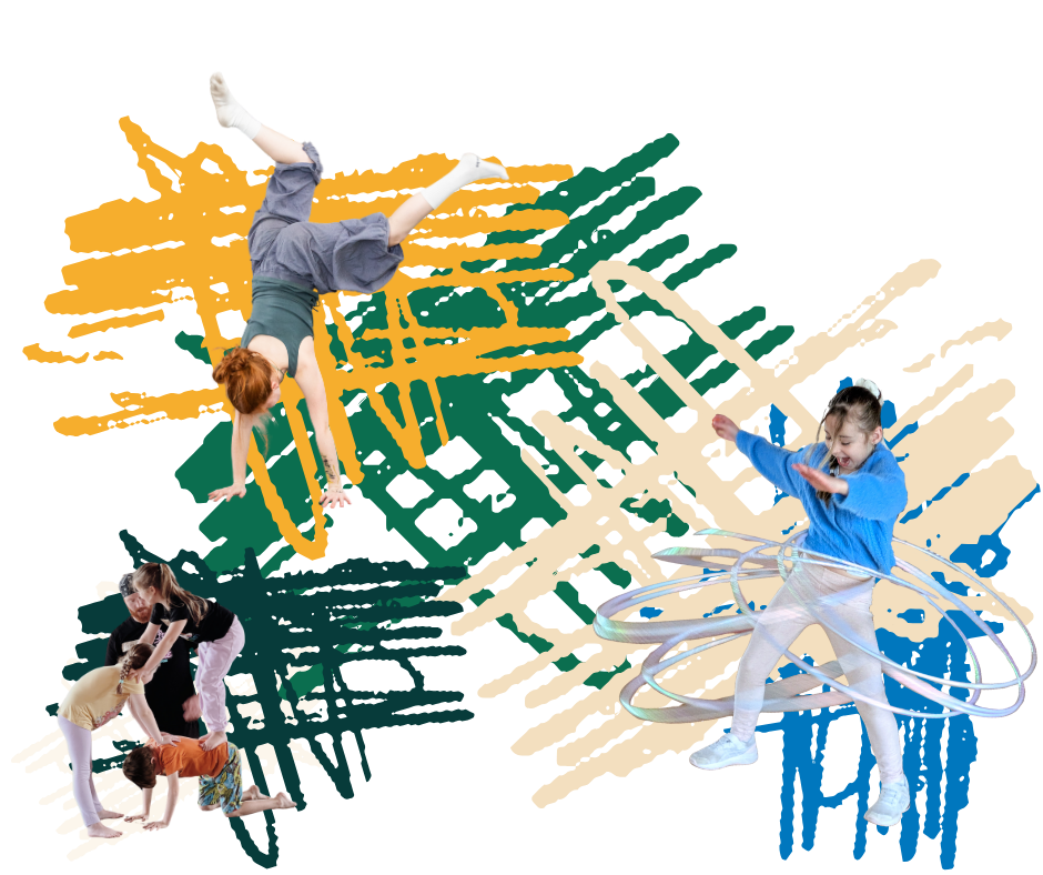 multicoloured scribbles with young people doing circus activities in front