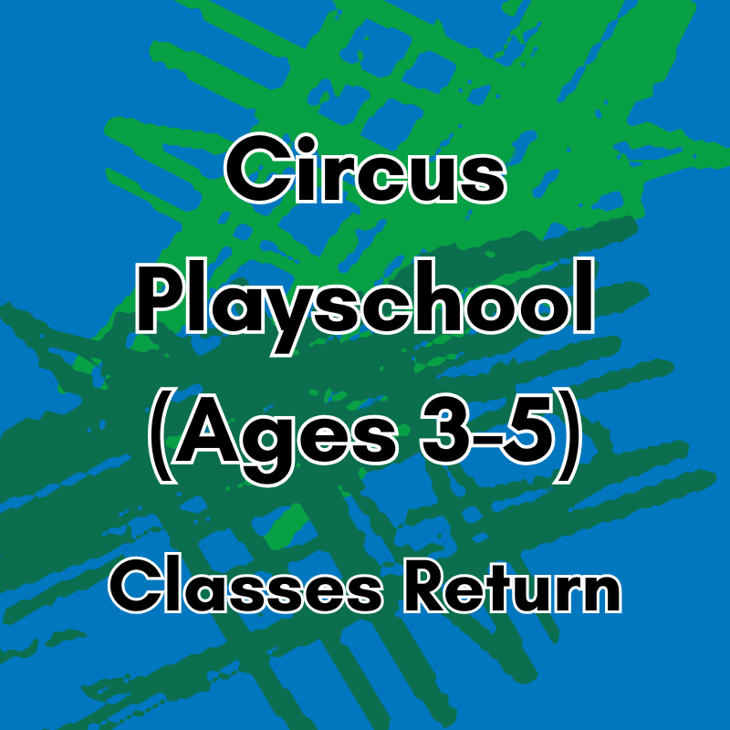 Text on a colorful background advertising a circus playschool for ages 3-5, with classes returning.