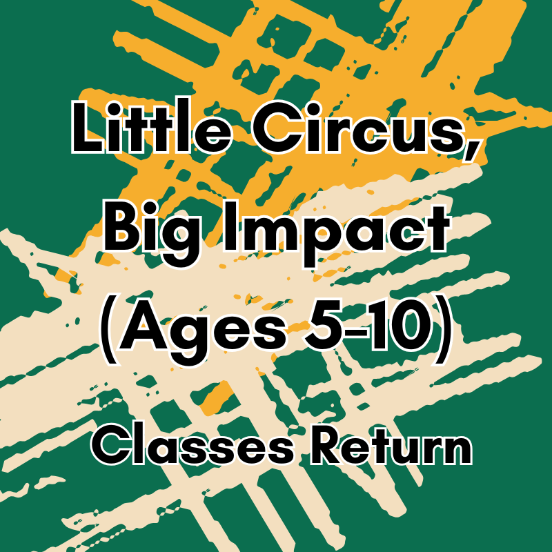 Graphic with abstract sunburst design in orange and white on green background, advertising Little Circus, Big Impact classes for children ages 5 to 10, with a note that classes return.