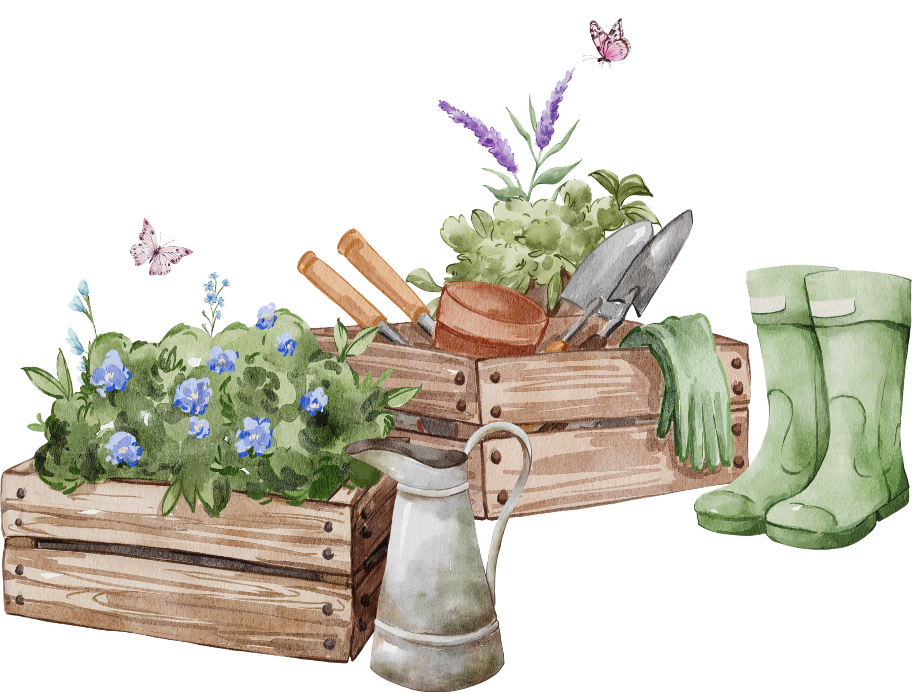 Watercolor painting of gardening tools in a wooden crate, surrounded by potted plants, flowers, a soil scoop, gardening gloves, a watering can, and butterflies.