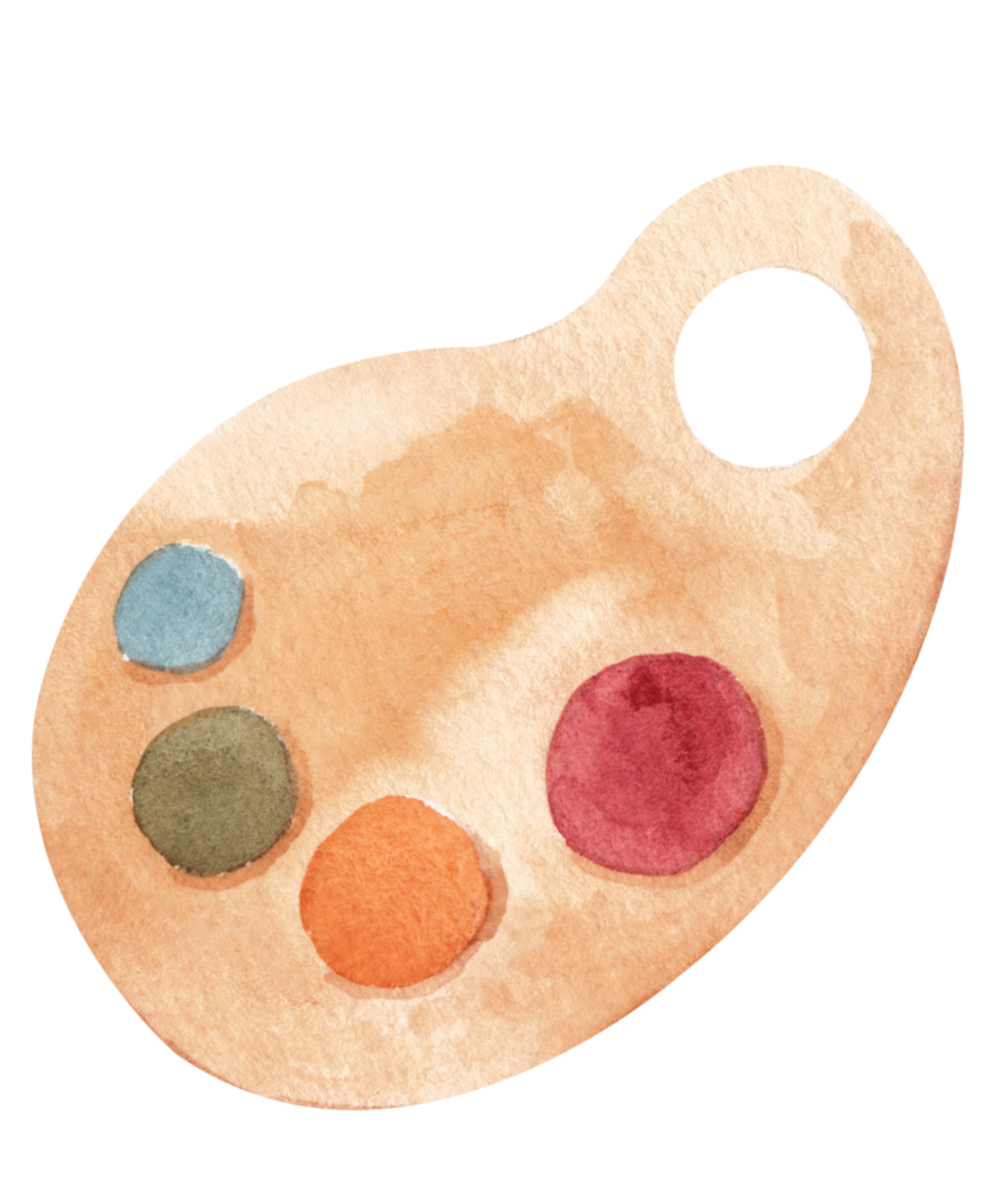 Watercolor illustration of an artist's paint palette with six circular paint wells in various colors.