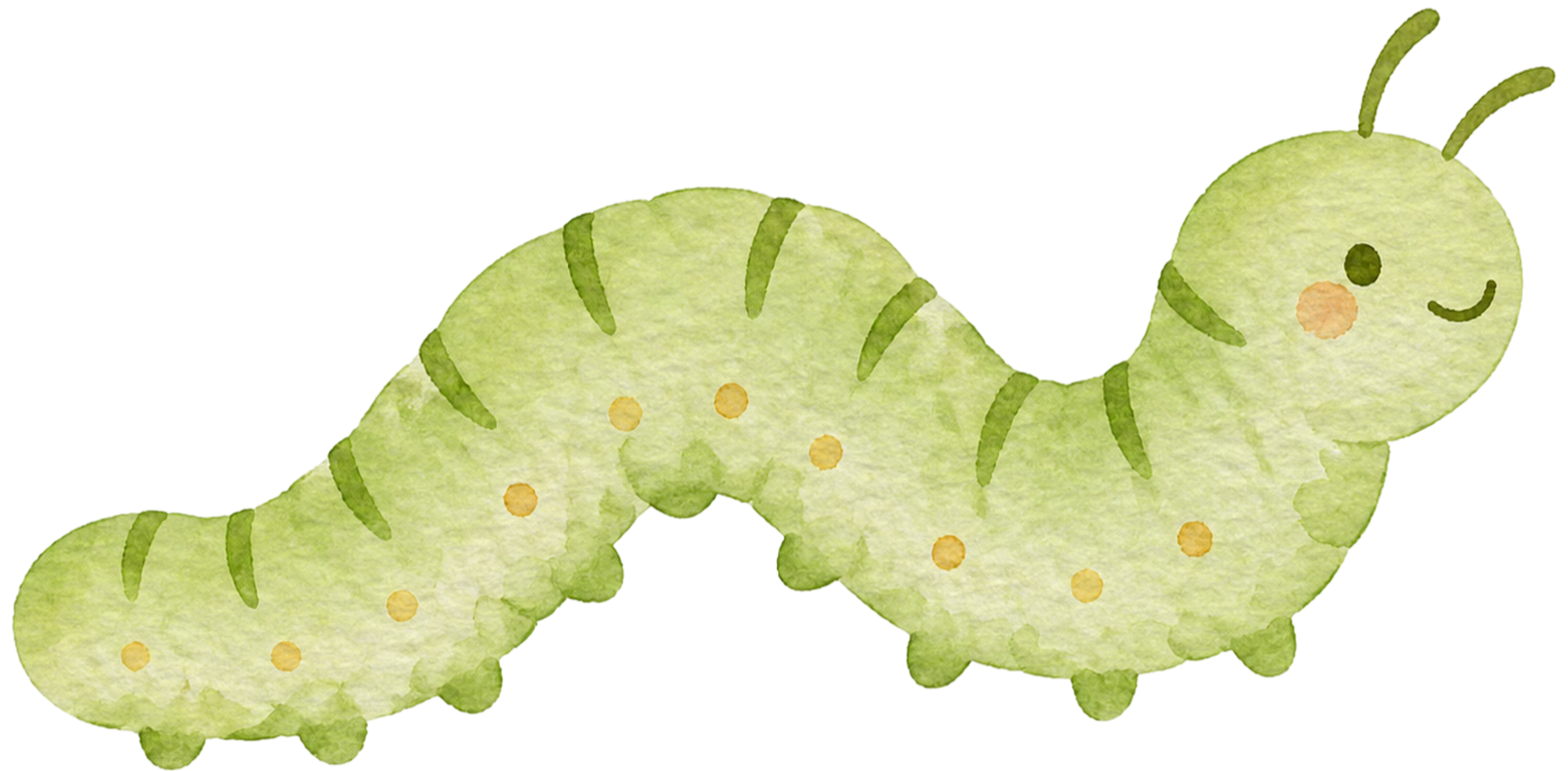Watercolor illustration of a smiling caterpillar with a round head, multiple segments, antennae, and cheek blushes, in pastel green with darker green stripes and yellow dots.