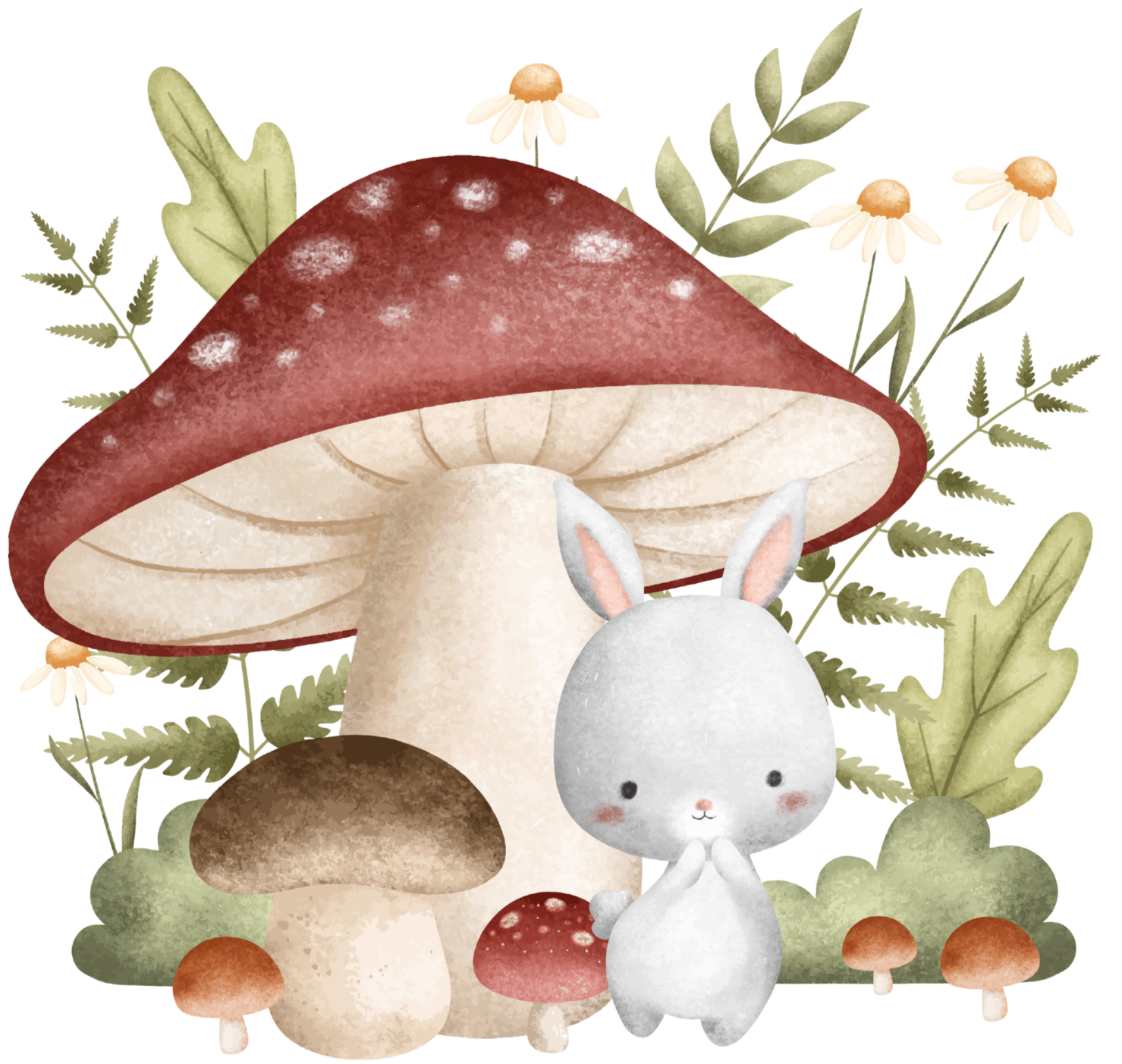Cute illustration of a bunny and various mushrooms surrounded by green leaves, small flowers, and foliage.