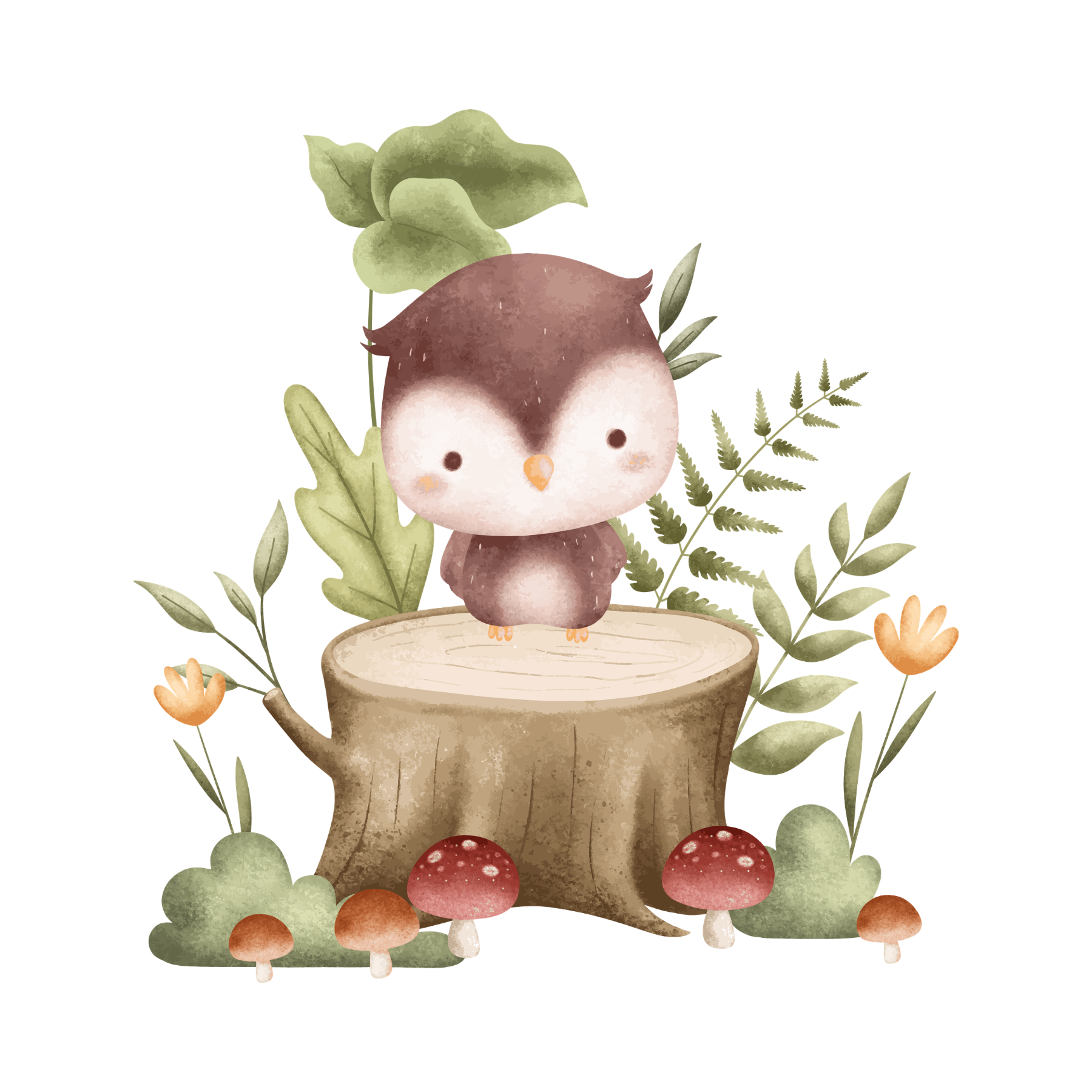 A cute cartoon bird standing on a tree stump surrounded by green foliage, mushrooms, and flowers in a woodland scene.