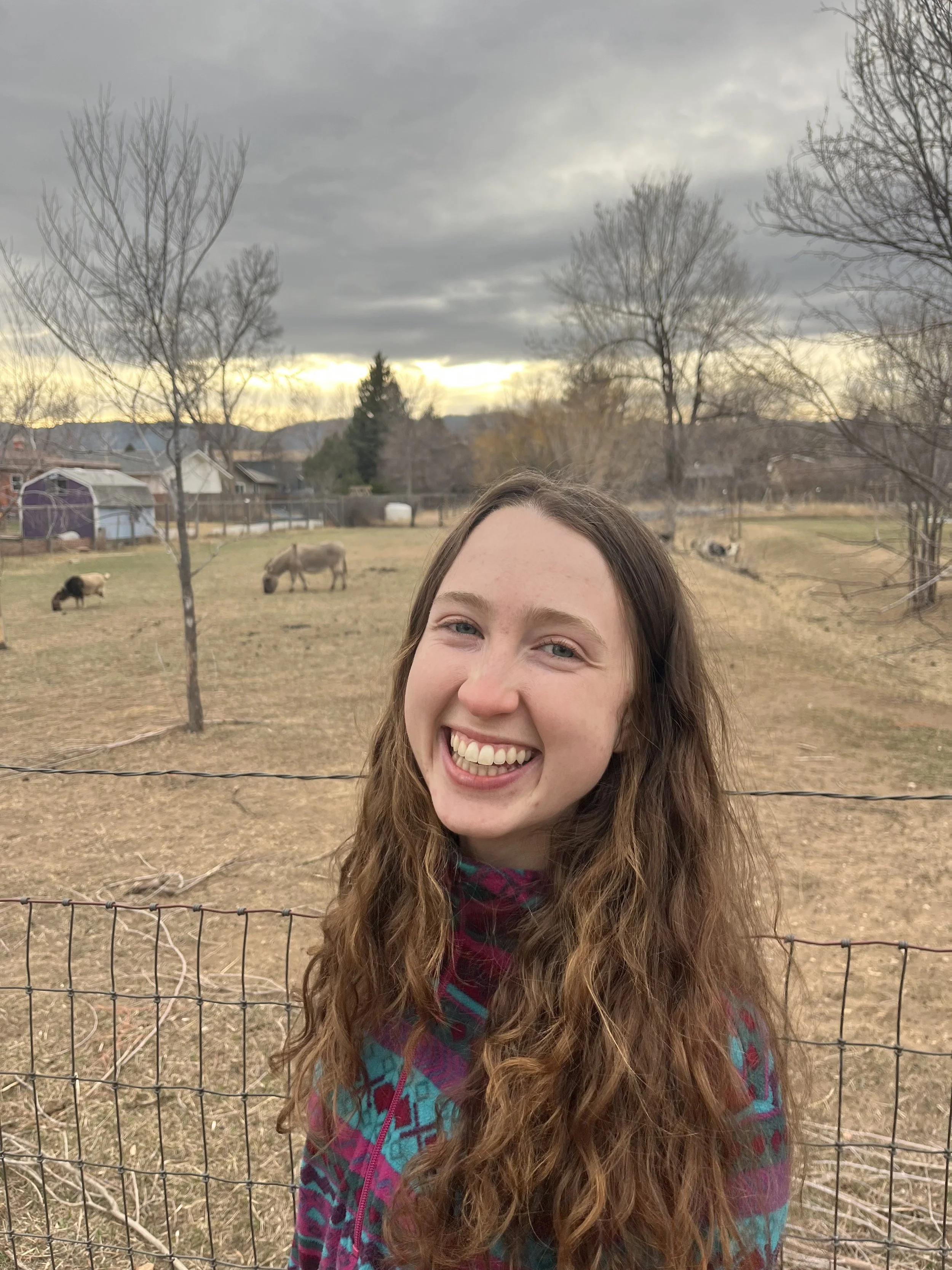 A woman with long curly hair smiling in front of a fenced area with grazing horses, bare trees, and cloudy sky in the background.