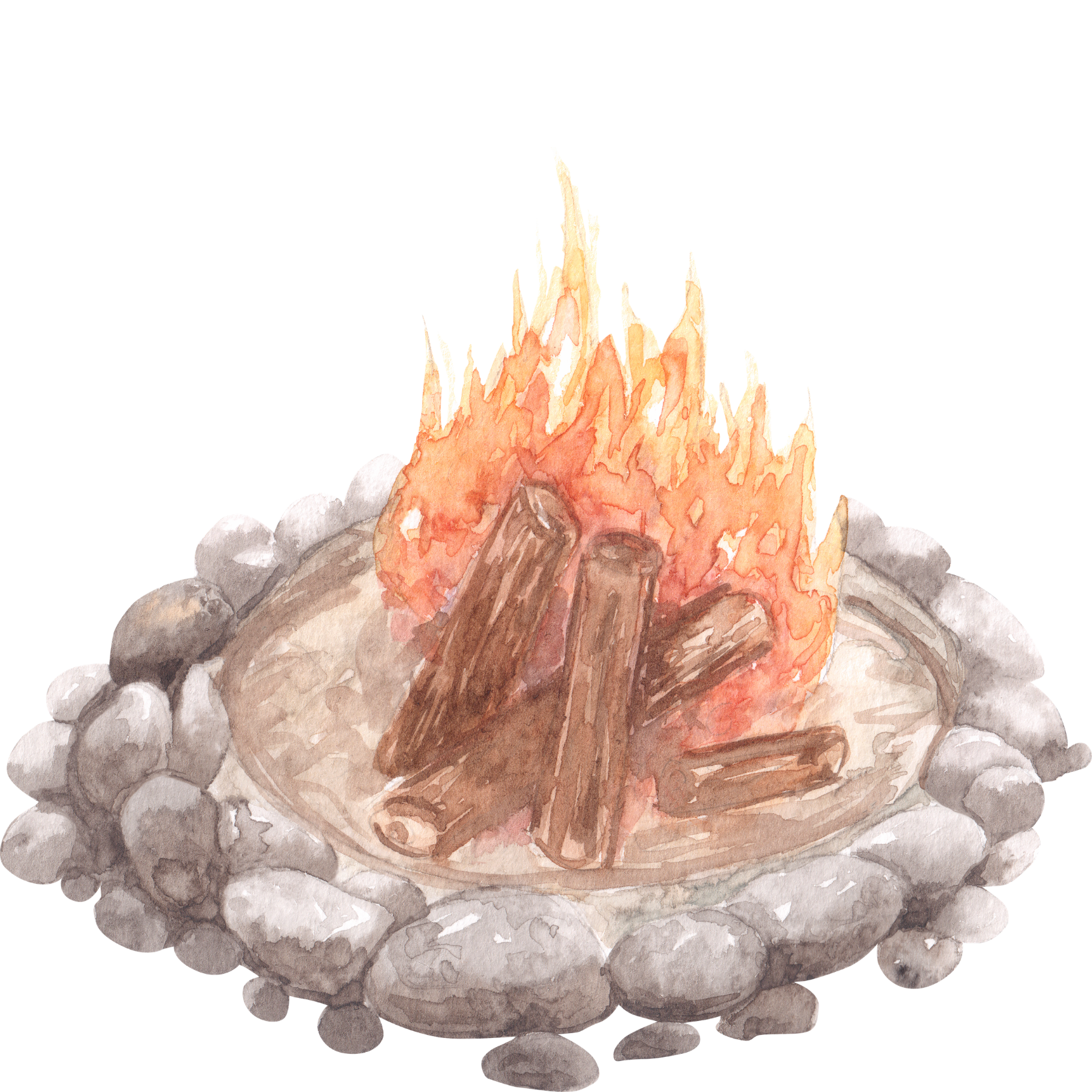 Watercolor illustration of a campfire with logs and grey rocks surrounding it.