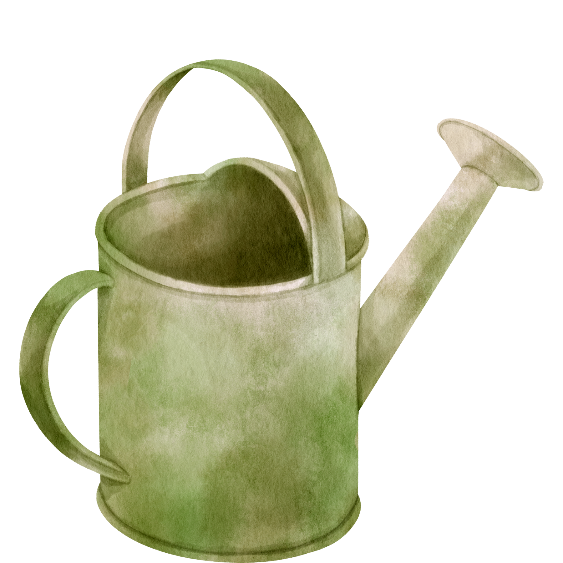 A green watering can with a curved handle and a spout, made of a material that looks like painted metal or plastic.