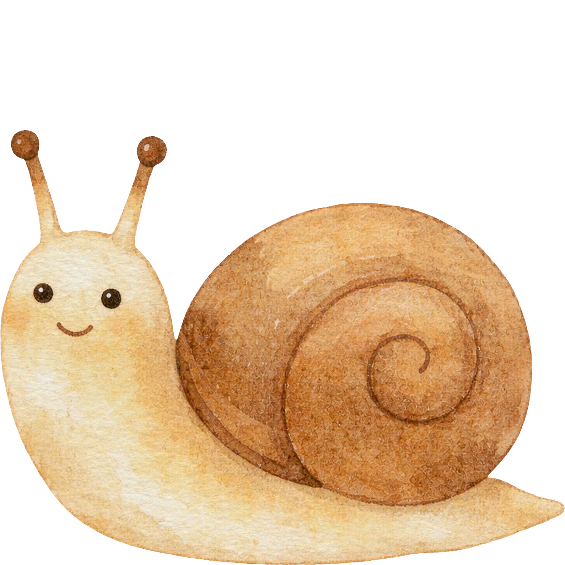 Cute cartoon snail with spiral shell, smiling face, and two eye stalks.