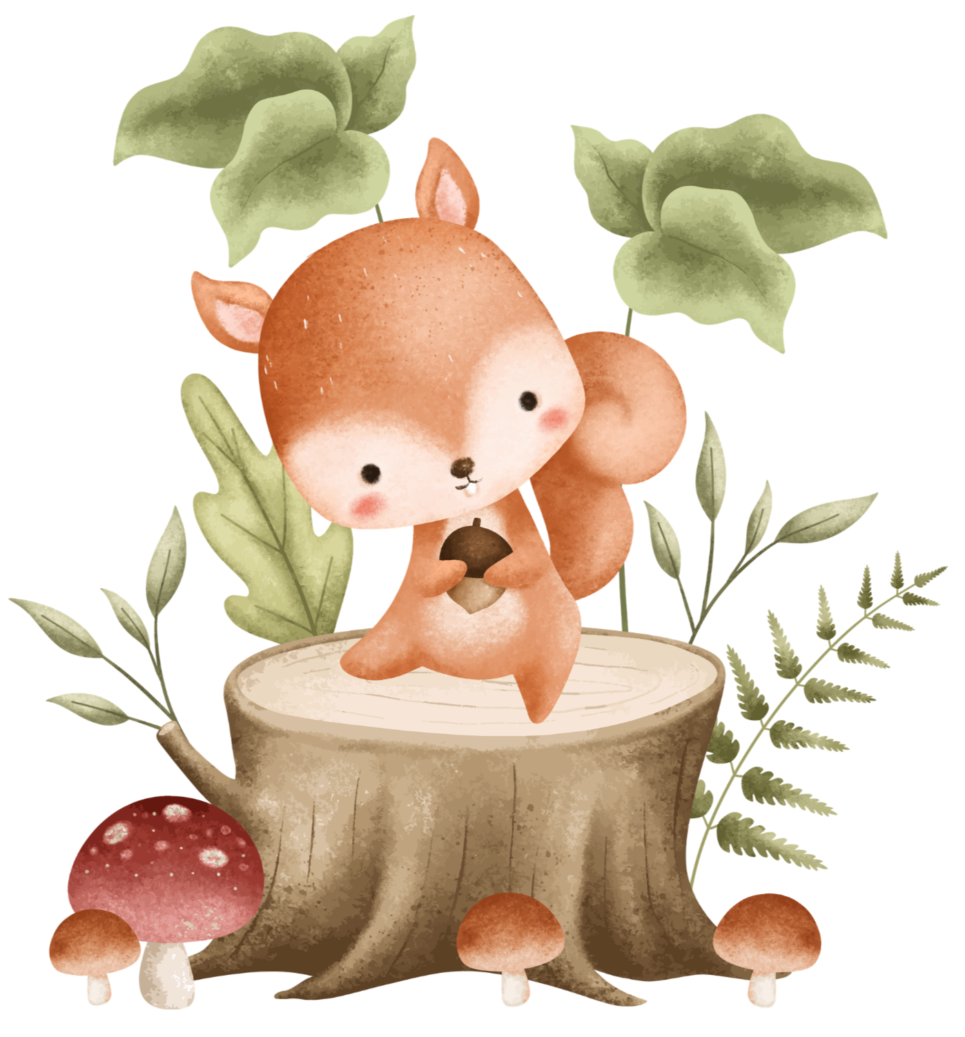 A cute, cartoon-style squirrel with blush marks on its cheeks, holding an acorn, standing on a tree stump surrounded by green leaves, mushrooms, and fungi.