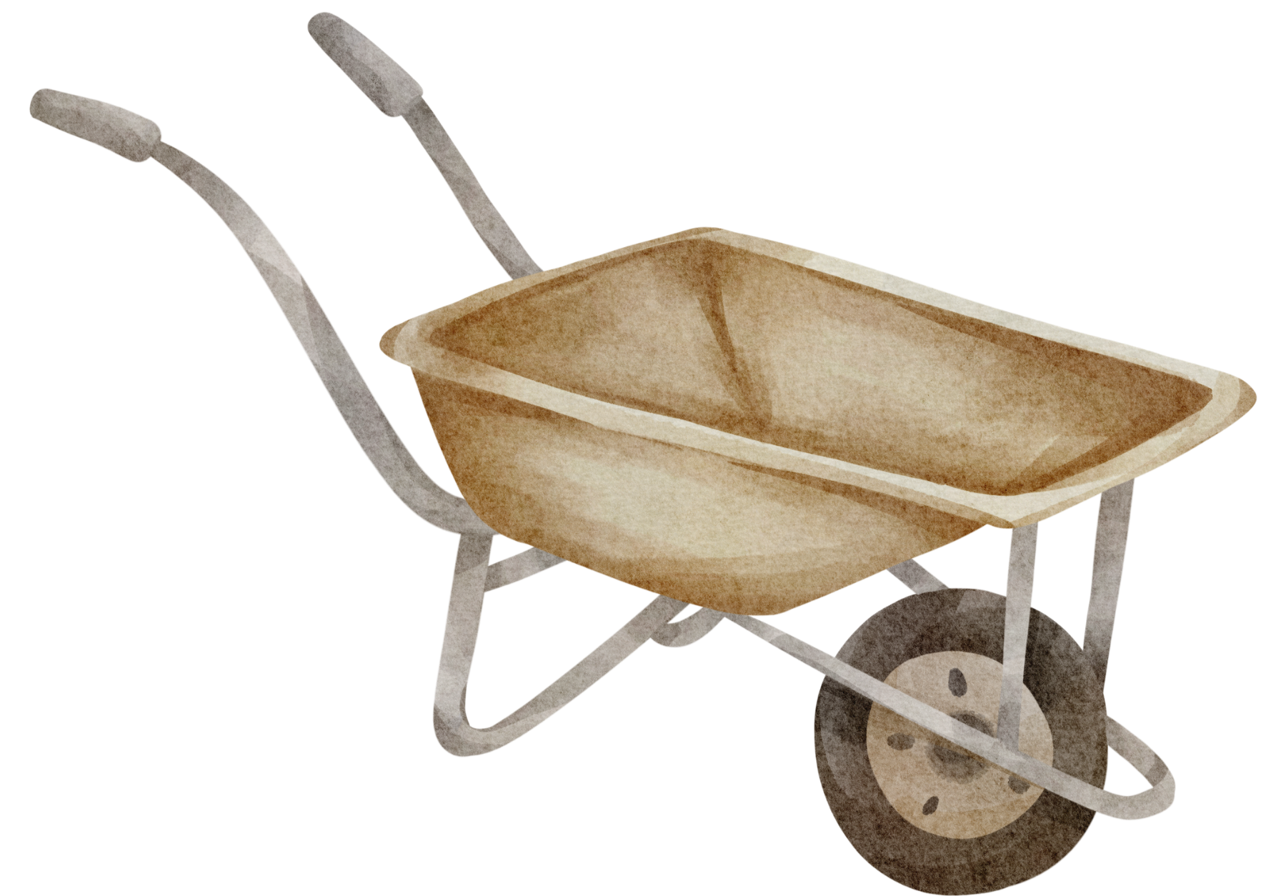 Watercolor illustration of a wheelbarrow with yellow handles and a brown basin, positioned at an angle, with a single gray wheel underneath.