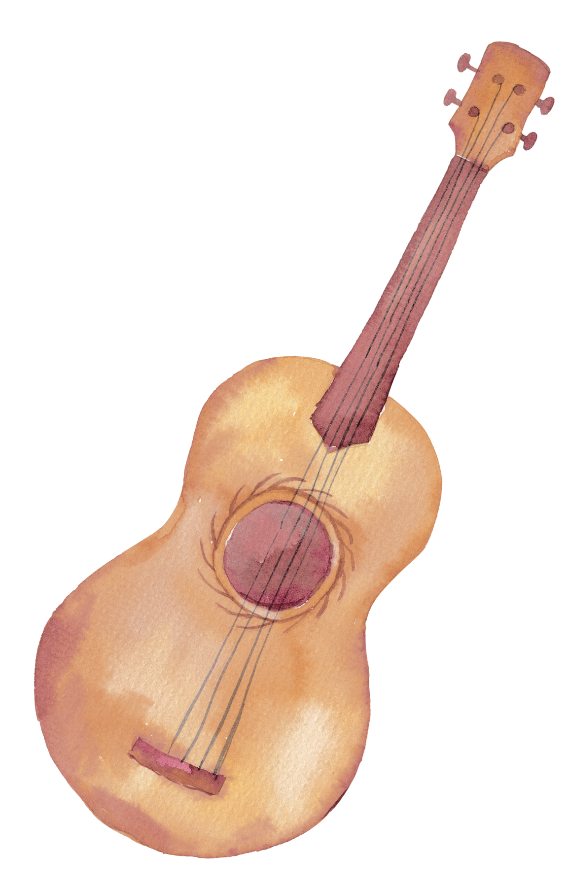 Watercolor illustration of a guitar with a human torso in place of the body. The guitar's neck extends from the torso's shoulder area, with strings running down the length of the torso, which has a large circular hole in the chest area, resembling the sound hole of a classical guitar.