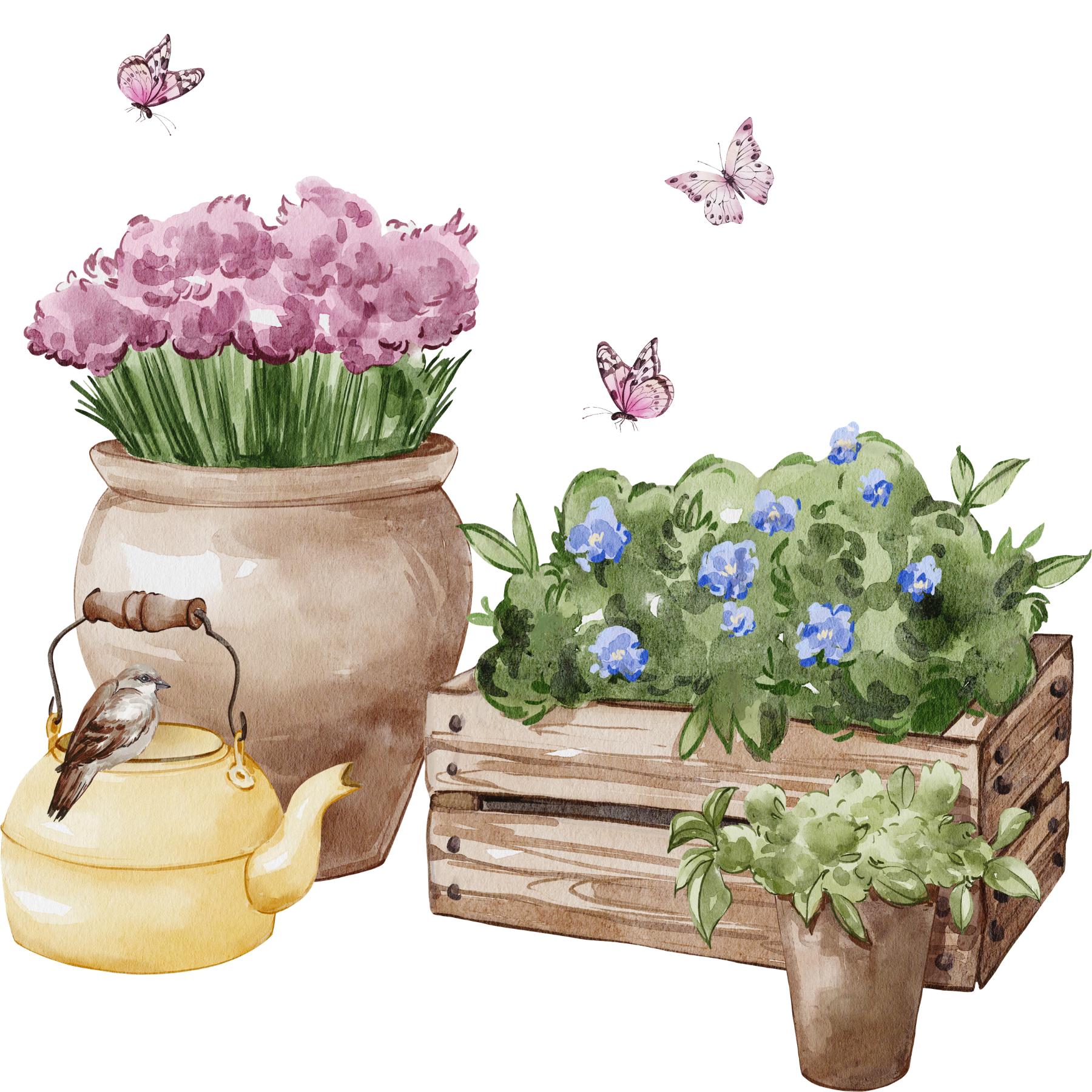 Watercolor illustration of a garden scene with pink hydrangeas in a clay pot, blue flowers in a wooden crate, green foliage, a yellow teapot with a small bird, and butterflies flying around.