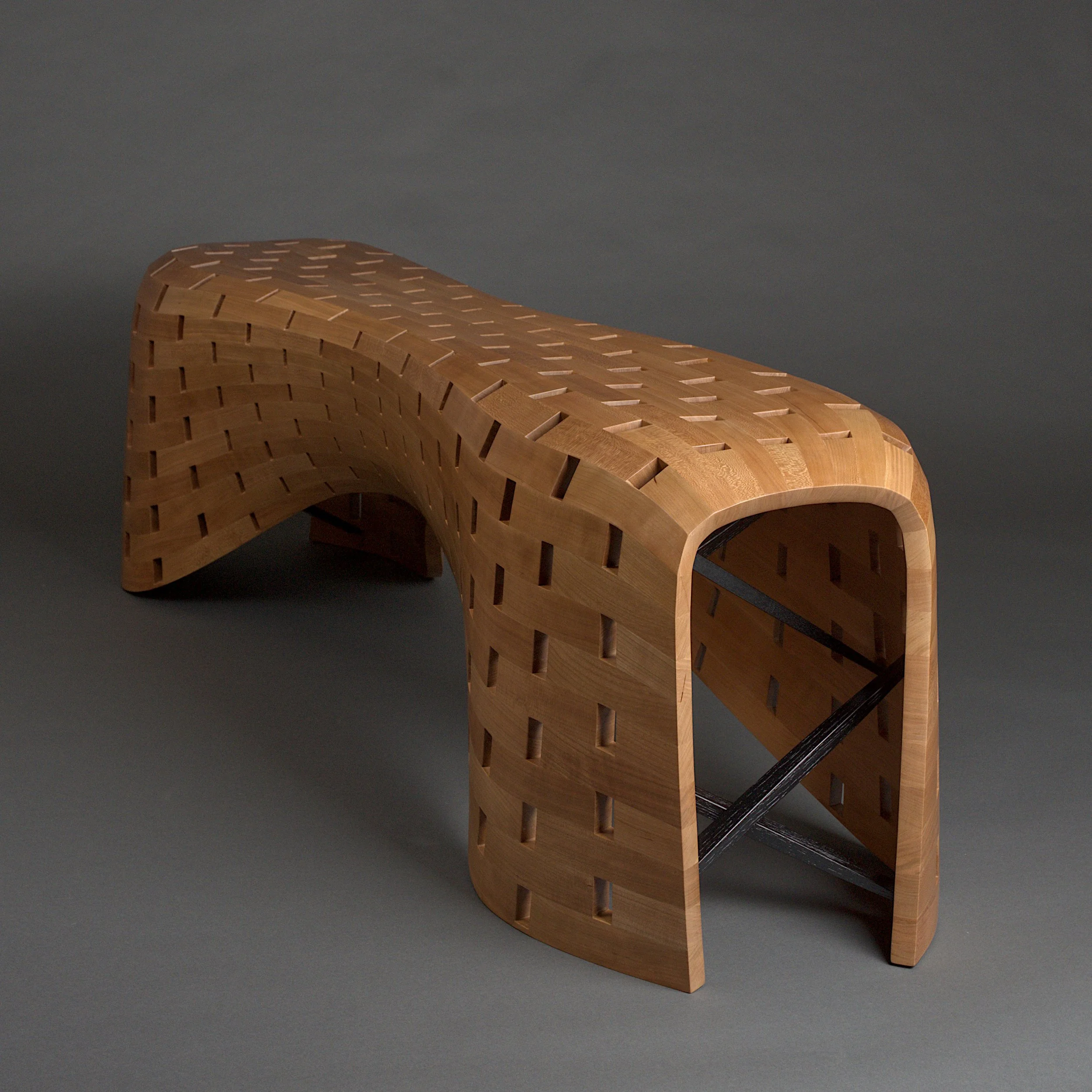Three-quarter view of peanut bench