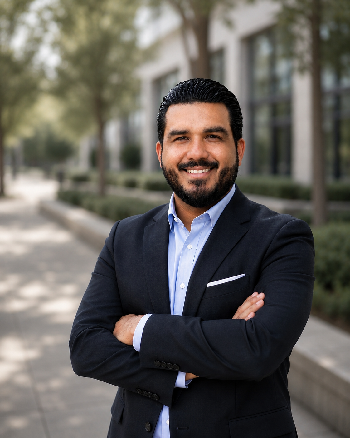 A confident man with dark hair and a beard, wearing a dark suit and light blue shirt, smiling outdoors in an urban park setting with trees and buildings in the background.